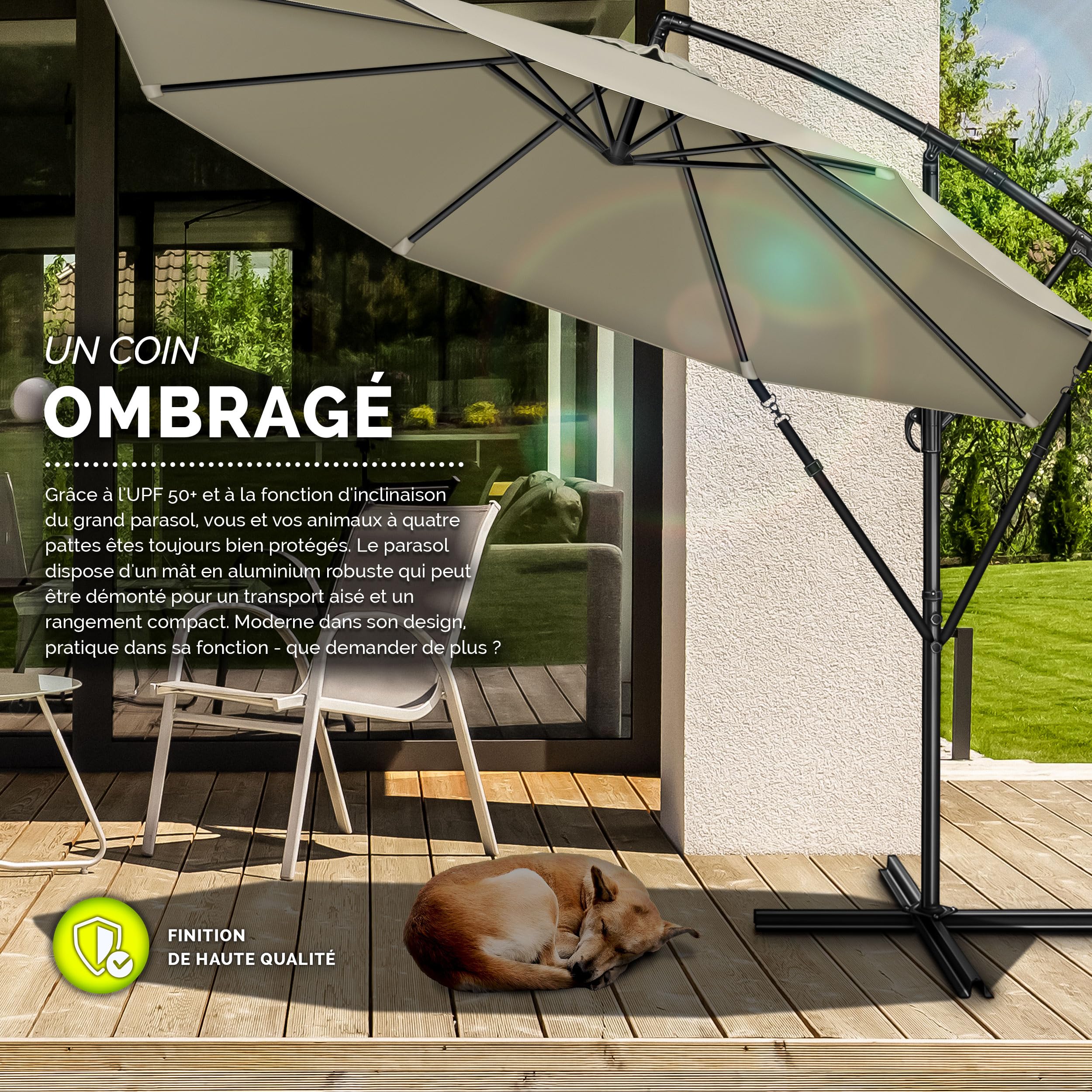 tillvex Parasol déporté hexagonale 3M avec manivelle | Pare-soleil avec pied | Protection UV en aluminium pour le jardin | Parasol à manivelle pour le marché déperlant