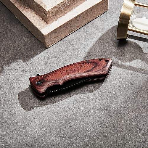 Miniatura 3 de Cuchillo plegable de bolsillo personalizado grabado con caja de madera para novio, marido, papá, hijo, cuchillo de caza de pesca único para hombres,