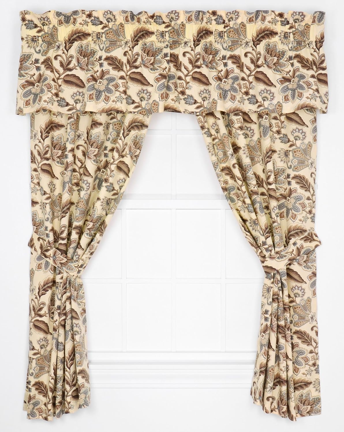 Ellis Curtain Valerie Jacobean Floral Print Tailored Panel Pair Curtains with Tiebacks, 68 by 63-Inch, Linen