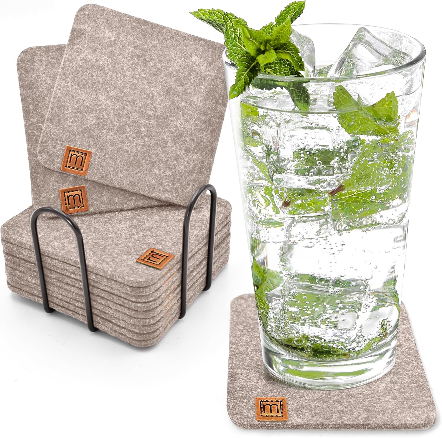 Miqio® Design Filz Glasuntersetzer eckig | 12-er Set + Halter | Nachhaltige Oekotex Untersetzer für Getränke, Kerzen, Tassen, Bar, Gläser | Tisch Deko | beige - Amazon product rated Grade F