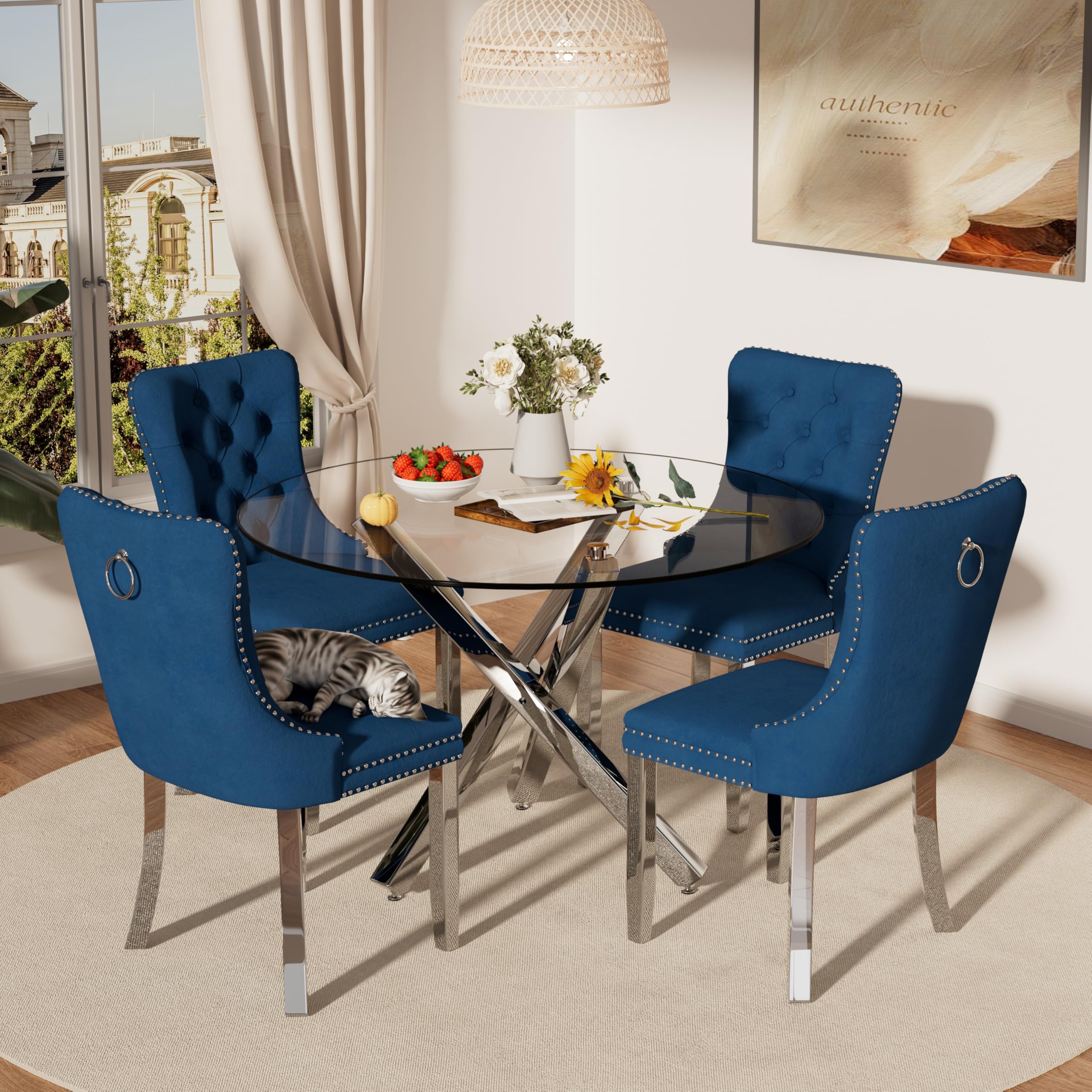 HAIZAO 5 Piece Clear Round Glass Top Dining Set, 39'' Mid Century Modern Circle Dinner Set, 4 Person Luxury Circular Kitchen Set, Blue High-end Tufted