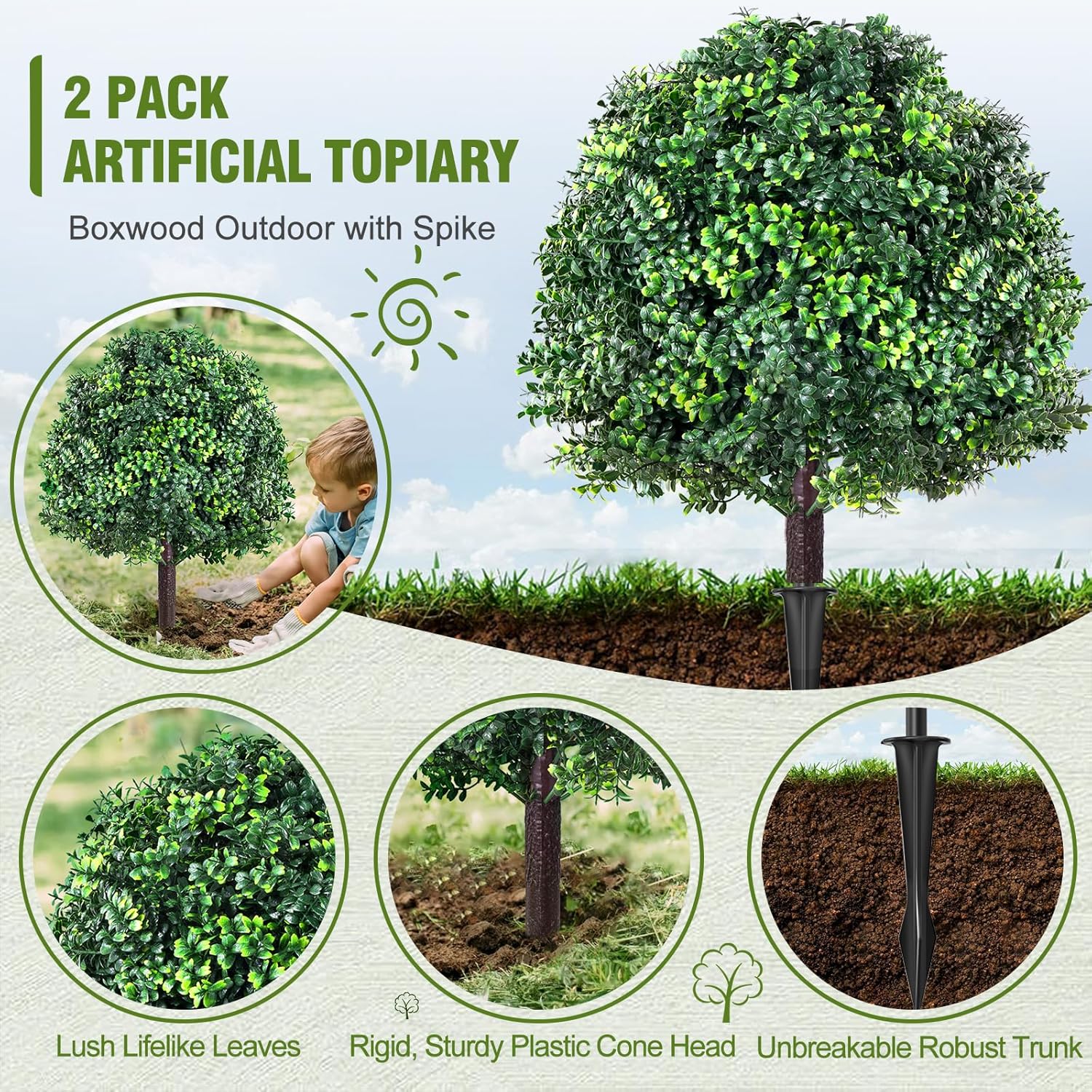 28" Artificial Boxwood Topiary Ball Tree with Ground Spike, Set of 2 Artificial Shrub Bushes, Fake Evergreen Tree for Porch, Artificial Plants Fake Boxwood Plants for Outdoor Indoor Front Door Decor - Image 3