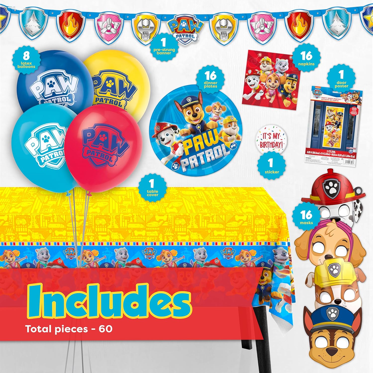Paw Patrol Birthday Decorations | Serves 16 | Door Poster, Banner, Balloons, Tablecloth, Plates and Napkins, Character Masks, Sticker | Paw Patrol Party Decorations