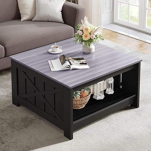 Miniatura 32 de YITAHOME Mesa de centro de granja con almacenamiento, mesa de cóctel de madera rústica, mesas de centro cuadradas para sala de estar, sala de Gris