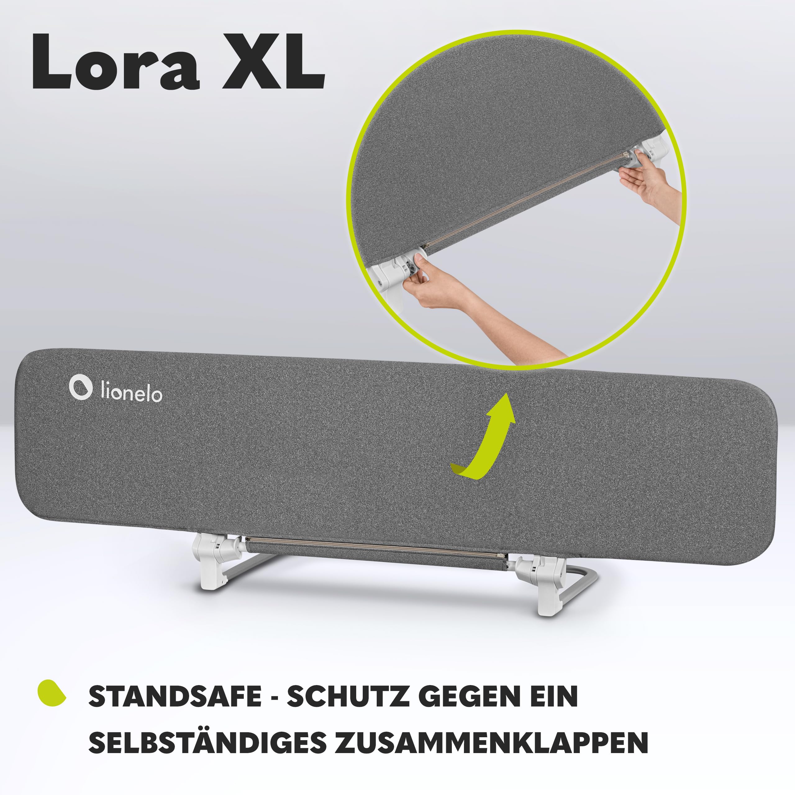Lionelo Lora XL Tragbares Bettschutzgitter für Kinder, Neigungsverstellung bis 180°, klappbares Schutzgitter für Bett, 45 cm – 150 cm, StandSafe-Sicherung, Schutz gegen Herausfallen