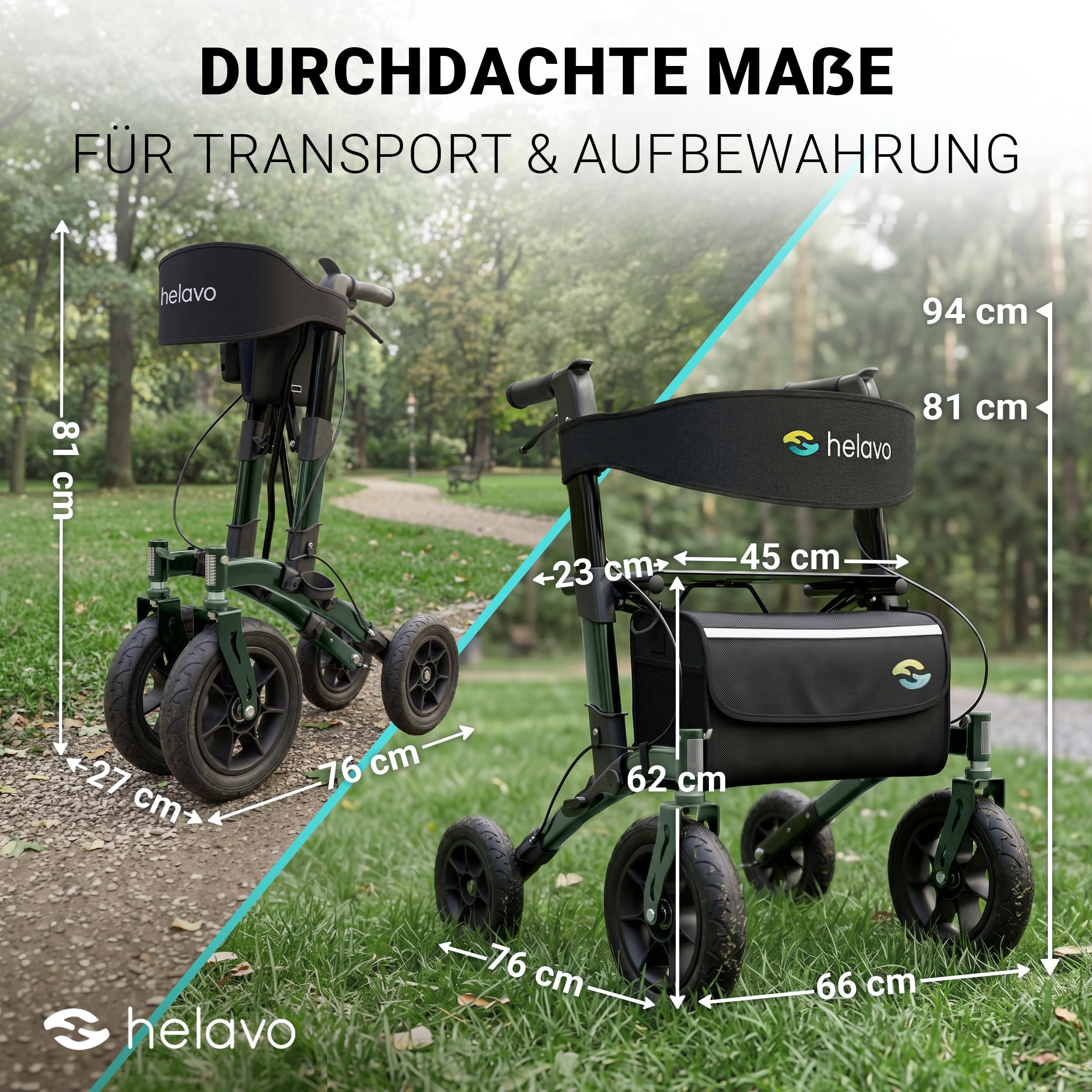 Helavo Outdoor-Rollator mit Luftbereifung - Faltbarer Rollator mit Sitz & Lehne für Draußen - Komfortable & stoßdämpfende 12"/10" große Räder - Gehhilfe für Waldwege, Gras & Strand | 12" Luftreifen für maximalen Komfort - Mit Sitz & Rückenlehne - Nur 9,5
