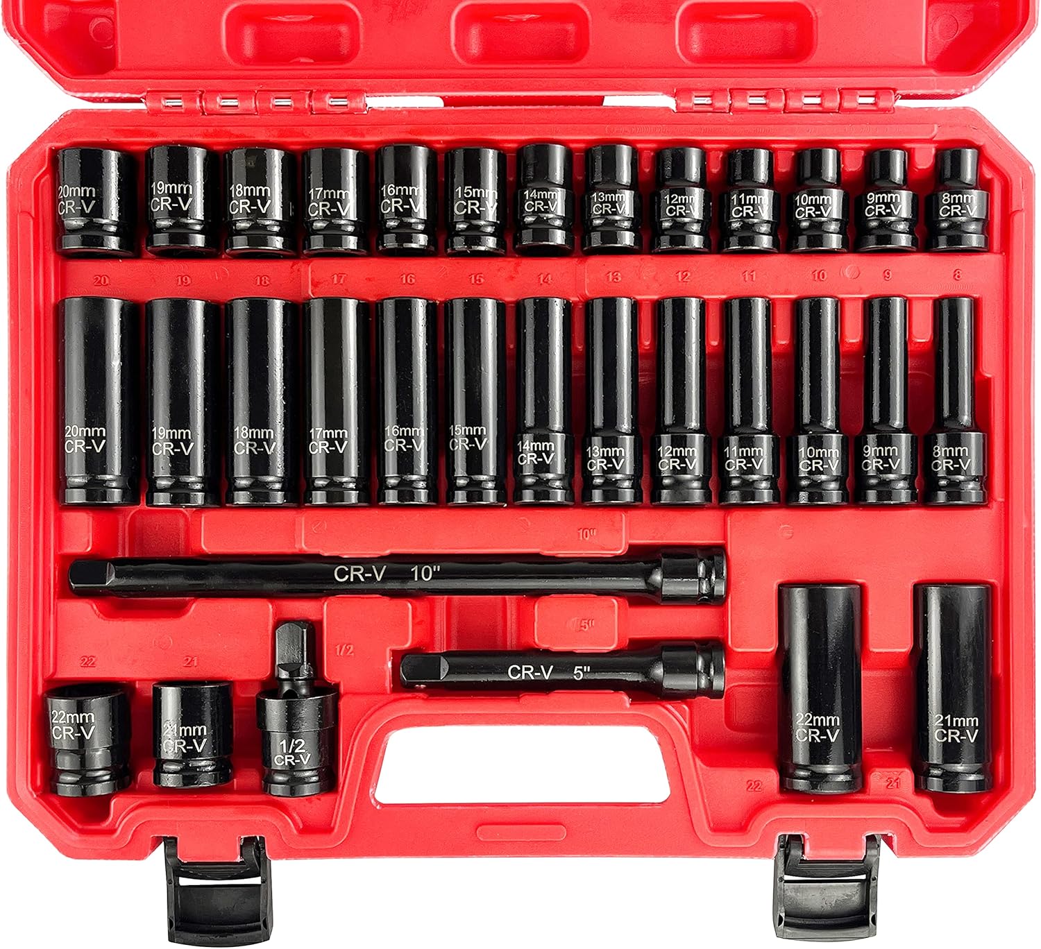 45pcs 1/2" Socket Set, Drive Deep and Shallow Impact Socket Set, Including 3 ", 5", 10" Impact Extension Bar, Universal Joint, Metric(9-32mm),6-Point,Cr-V Steel