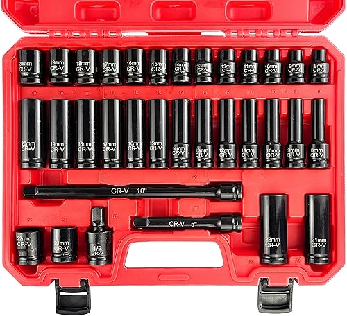 Juego de 33 piezas de 12 pulgada de vasos de impacto (8-22mm), juego de vasos métricos, acero Cr-V, vasos profundos y poco profundos de 6 puntas,