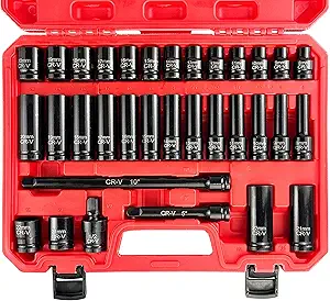 33pcs 1/2" Impact Socket Set (8-22mm), Metric Socket Set, Cr-V Steel, 6 Point Deep & Shallow Sockets, with 5" 10" Extension Bars and 1/2" Universal Joint