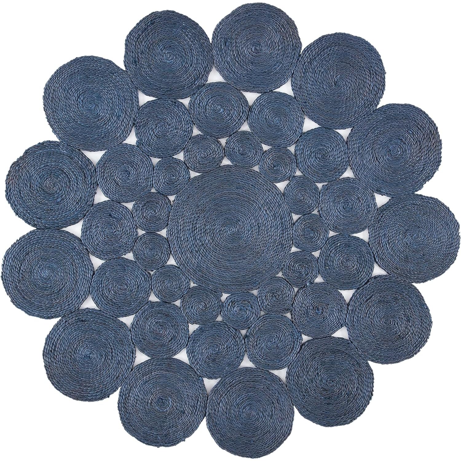 Runder Blauer natürlicher Jute-Teppich, handgefertigter Vintage-Bodenteppich aus Naturfasern– (7x7 Quadratfuß)