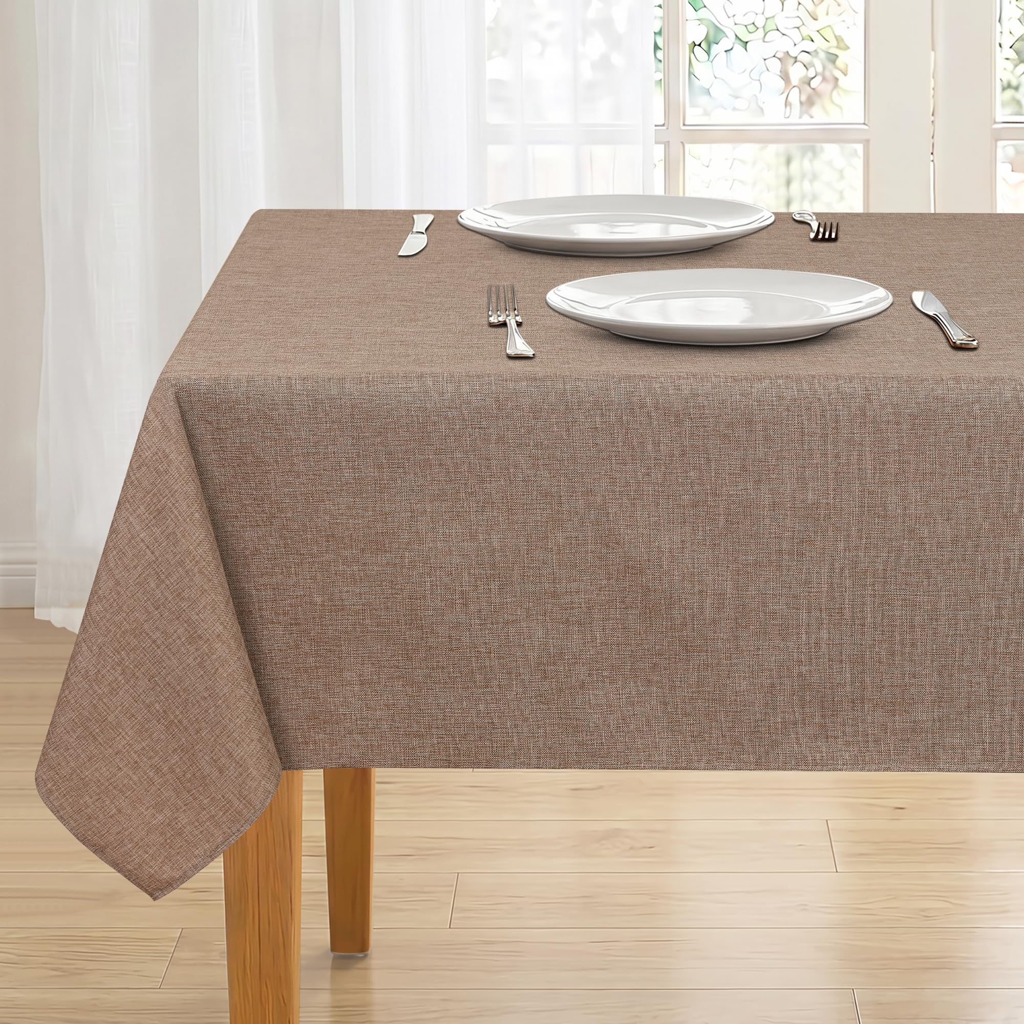 DWCN Khaki Faux Linen Table Cloth 140x200cm(55x79in) Water Resistant Rectangular Tablecloth Wipe Clean Stain-Resistant Polyester Table Cover for Dining Room, Garden, Cafe, Party