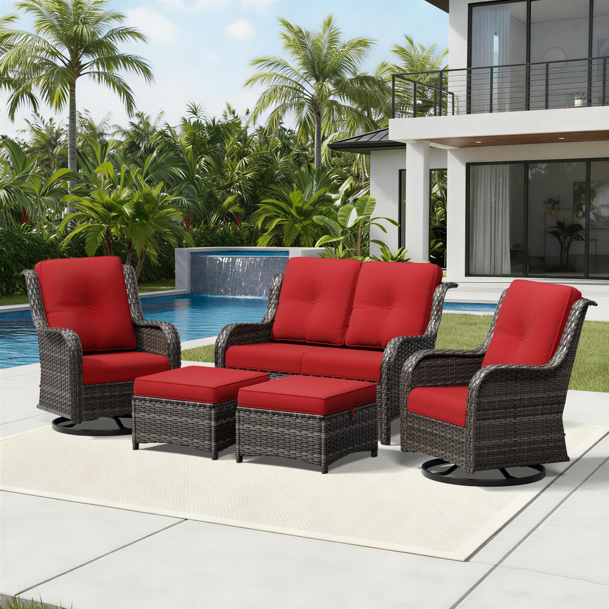 Joyside 5 Piece Wicker Patio Furniture Set, Outdoor Swivel Rocker Patio Chairs with High Back, Deep Seating, Wide Armrest, Thickened Cushions, Outdoor Furniture for Deck, Porch Use