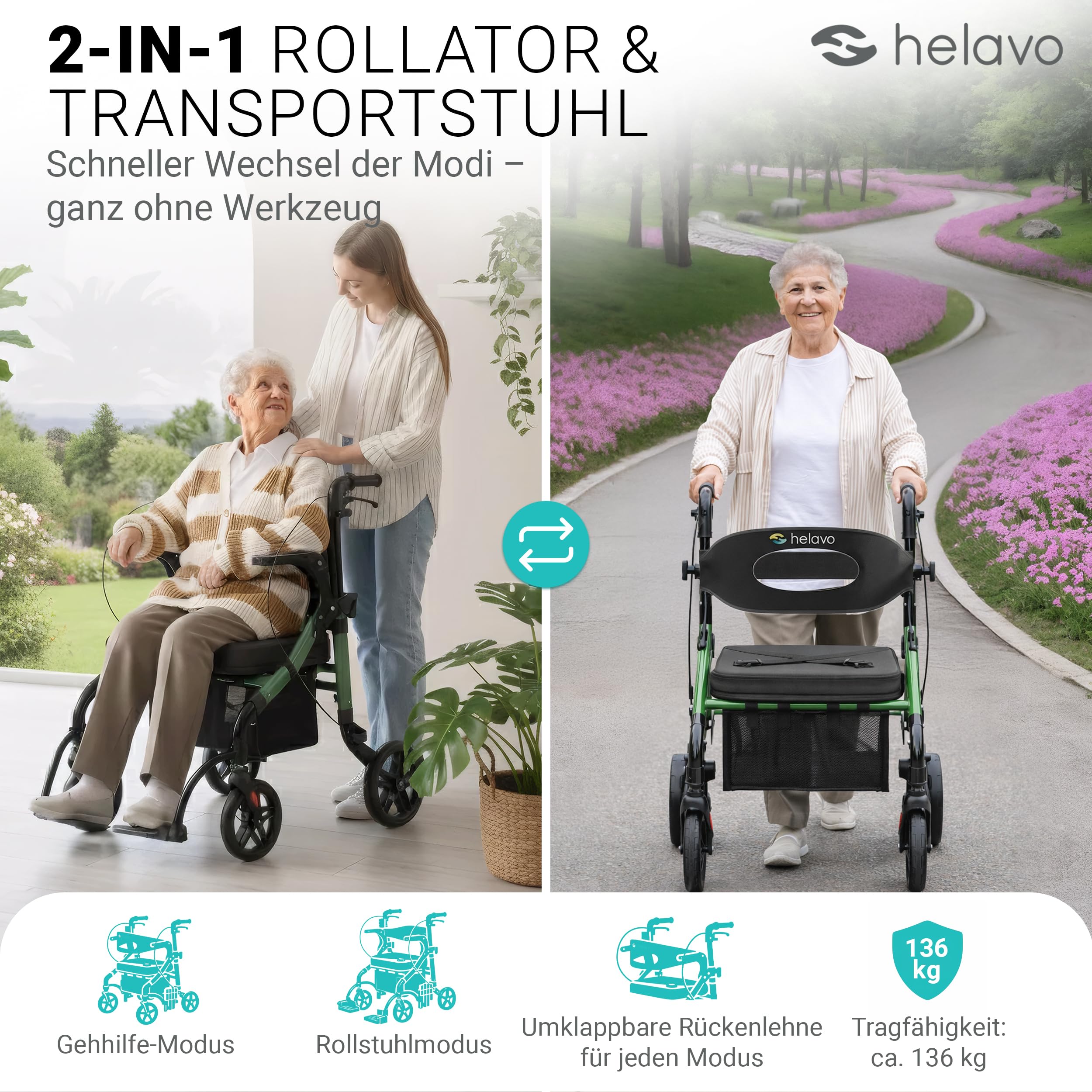 Helavo 2-in-1 Rollator und Rollstuhl mit All-Terrain-Rädern - Leichter Rollator mit Rollstuhlfunktion, Faltbar, Höhenverstellbar, Bis 136 kg Belastbar | Aluminium 2-in-1-Rollator mit Fußstützen - 10" Vollgummireifen für jeden Untergrund - 136 kg Traglast