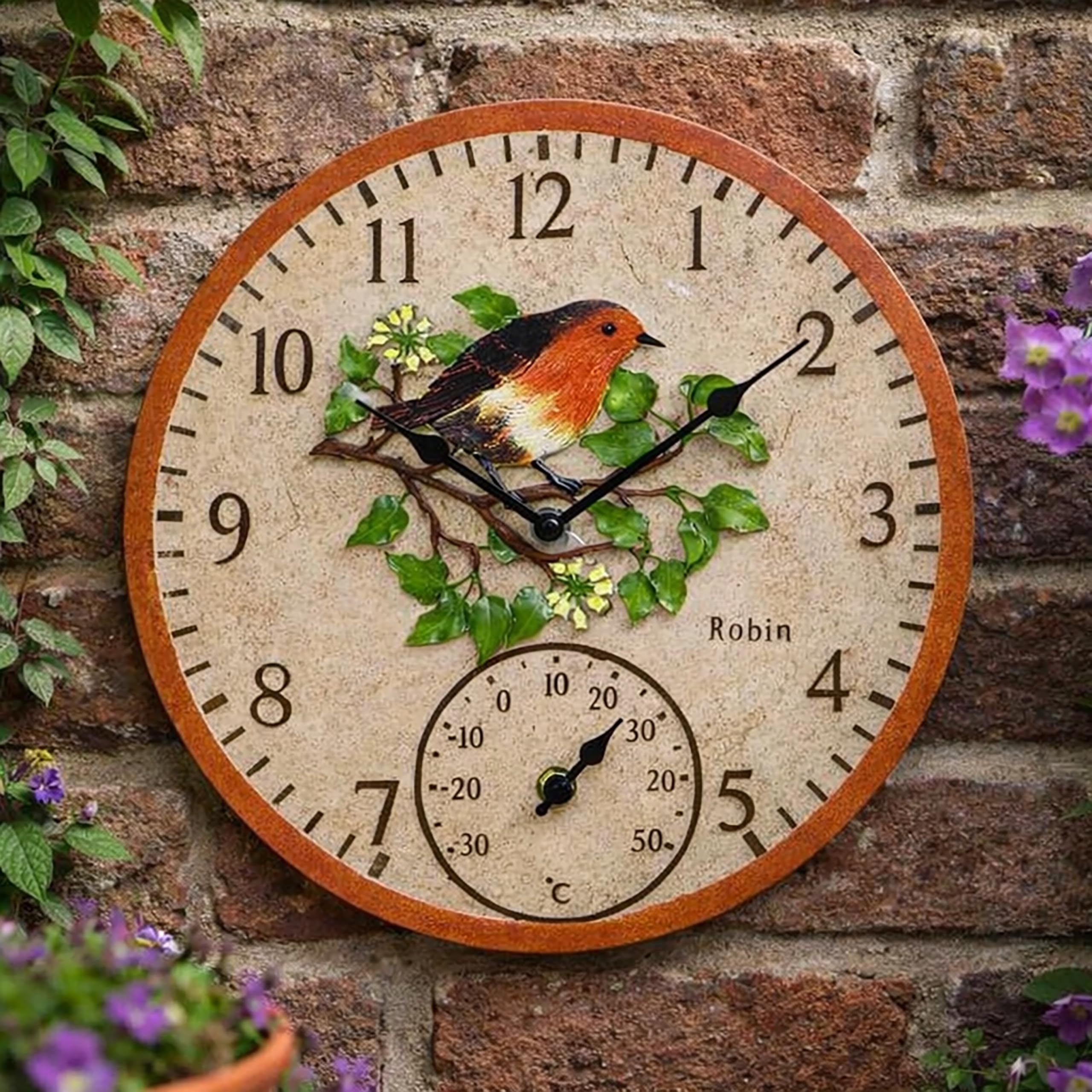 Garden Mile 30 cm Rotkehlchen-Gartenuhren für den Außenbereich, wasserdicht, mit Thermometer für Garten, analoge Außenuhren für Garten, wetterfest, Außenuhren für Küche, Wohnzimmer und Terrasse