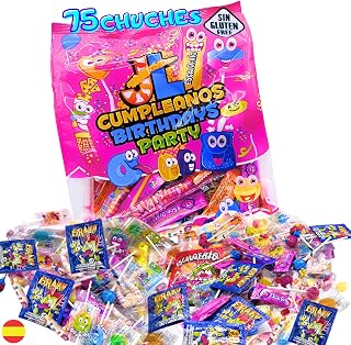Mega Pack 75 Aprox Chuches Cumpleaños. Chuches Relleno Piñata. Sin Gluten Sin Lactosa. Bolsa para Cumpleaños. Gominolas. Golosinas. Pack Relleno Piñatas Infantiles. (Mix 75pcs)