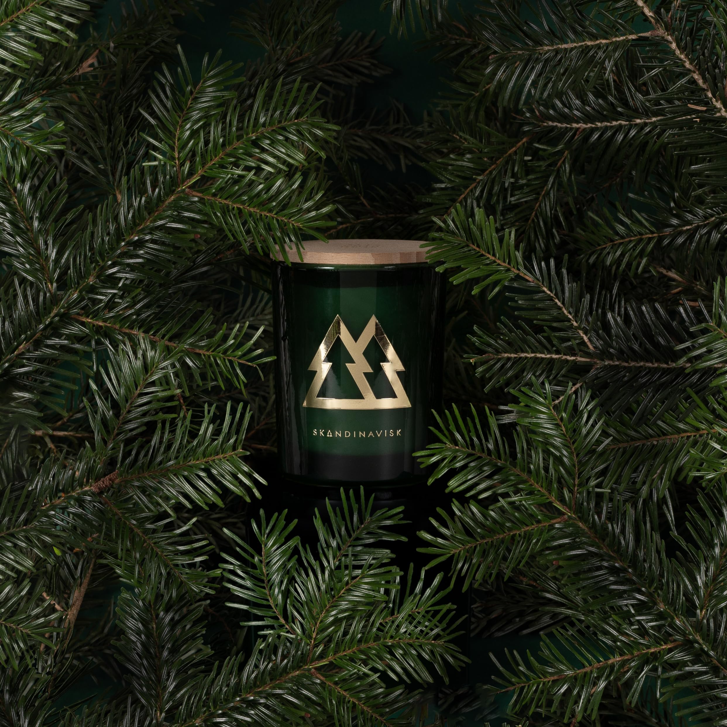 Skandinavisk SKOG Duftkerze Gold Edition. Duftnoten: Kiefernnadeln und Tannenzapfen, Birkensaft und Maiglöckchen. 200 g.