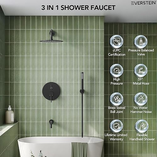 Miniatura 2 de Sistema de ducha con boquilla de bañera juego completo de grifo de ducha EVERSTEIN de 3 funciones, cabezal de ducha de lluvia redondo de alta