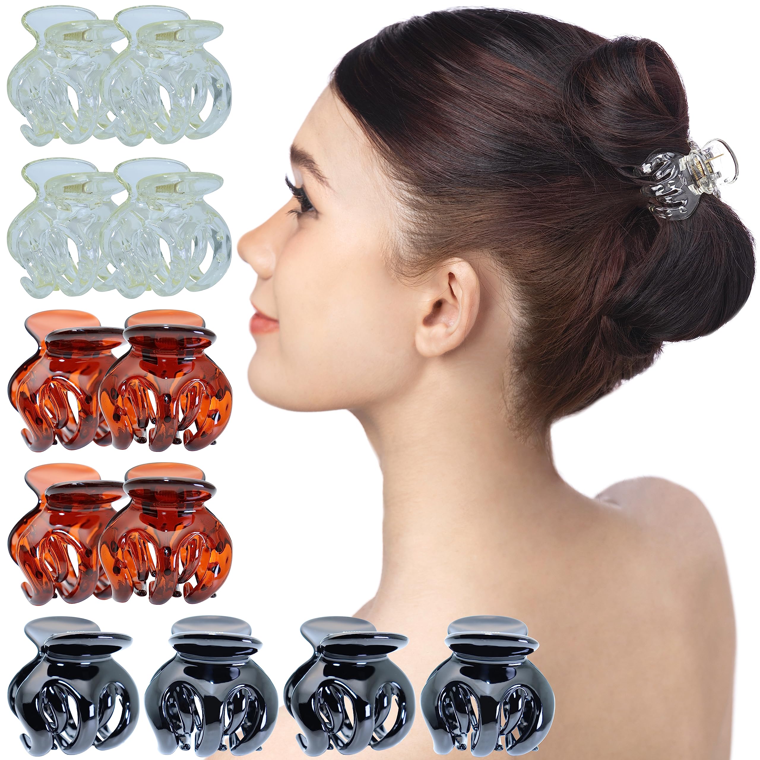 RC ROCHE ORNAMENT 12 Pcs Womens Octopus Claws Jaw Pumpkin Hair Clips Interlocking Teeth Strong Hold No Slip Grip Quality Clutcher Clamp Classic Beauty Fashion Accessory, Small Clear Brown and Black