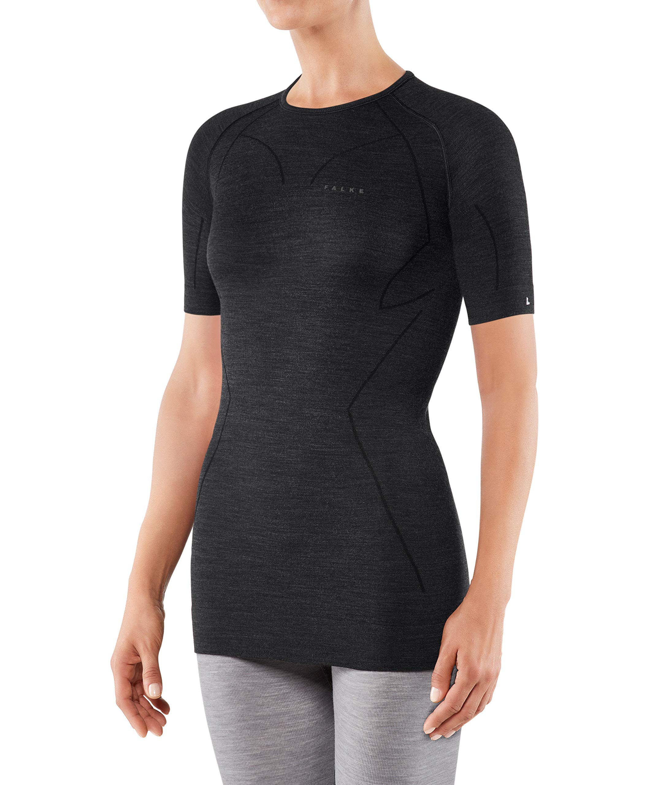 FALKE Damen Wool Tech. Funktionsshirt Kurzarmshirt Wolle Schwarz Grau Atmungsaktive Unterwäsche zum Sport sehr warm schnelltrocknend für kalte bis sehr kalte Temperaturen 1 Stück