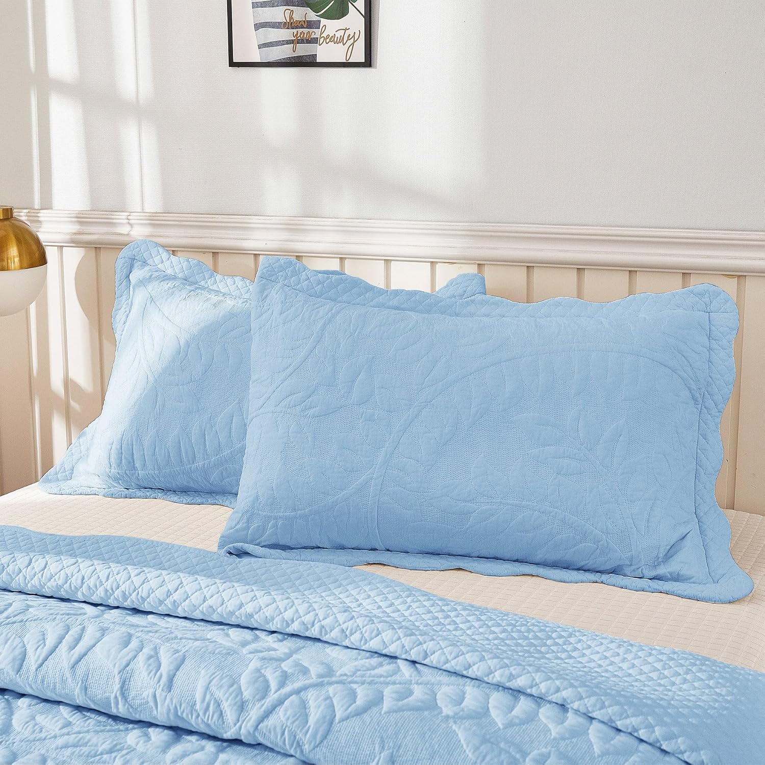 MarCielo 100% Cotton Embroidered Quilted Pillow Shams -Standard - Light Blue