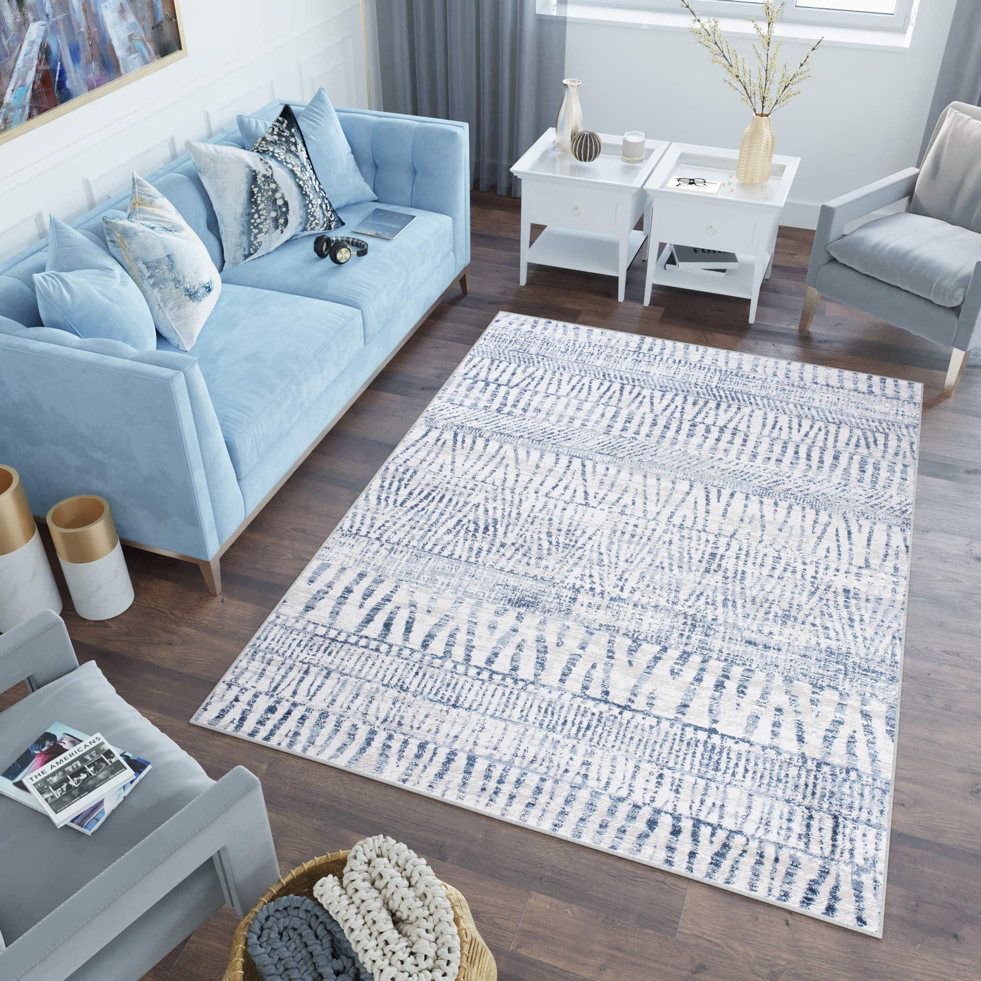 TAPISO Sky Tapis de Salon Chambre Salle à Manger Adulte Bureau Design Moderne Bleu Gris Clair Vintage Moucheté Motif Ethnique Poil Court Doux Moelleux 80 x 150 cm