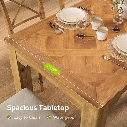 Miniatura 5 de LITTLE TREE Mesa de comedor de madera maciza de 63 pulgadas para 6, mesa de comedor rectangular de cocina con diseño geométrico modular de fieltro