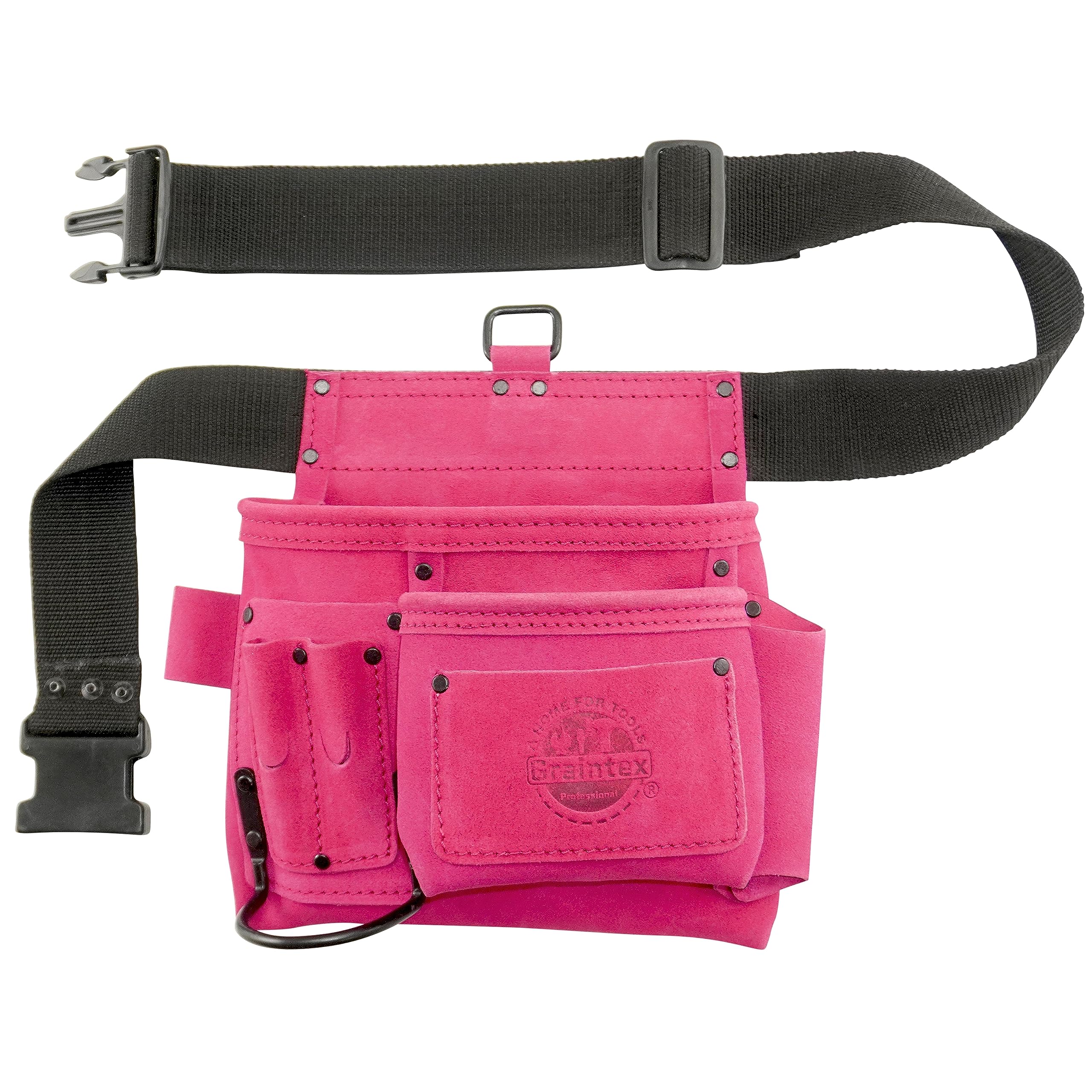 Graintex 5 Pocket Suede Leather Tool Belt/Bag | Pink | Multipurpose Leather Tool Belt for Women and Men | Construction, Electrician, Handymen, Carpenter, Gardening Pouch and DIY Projects