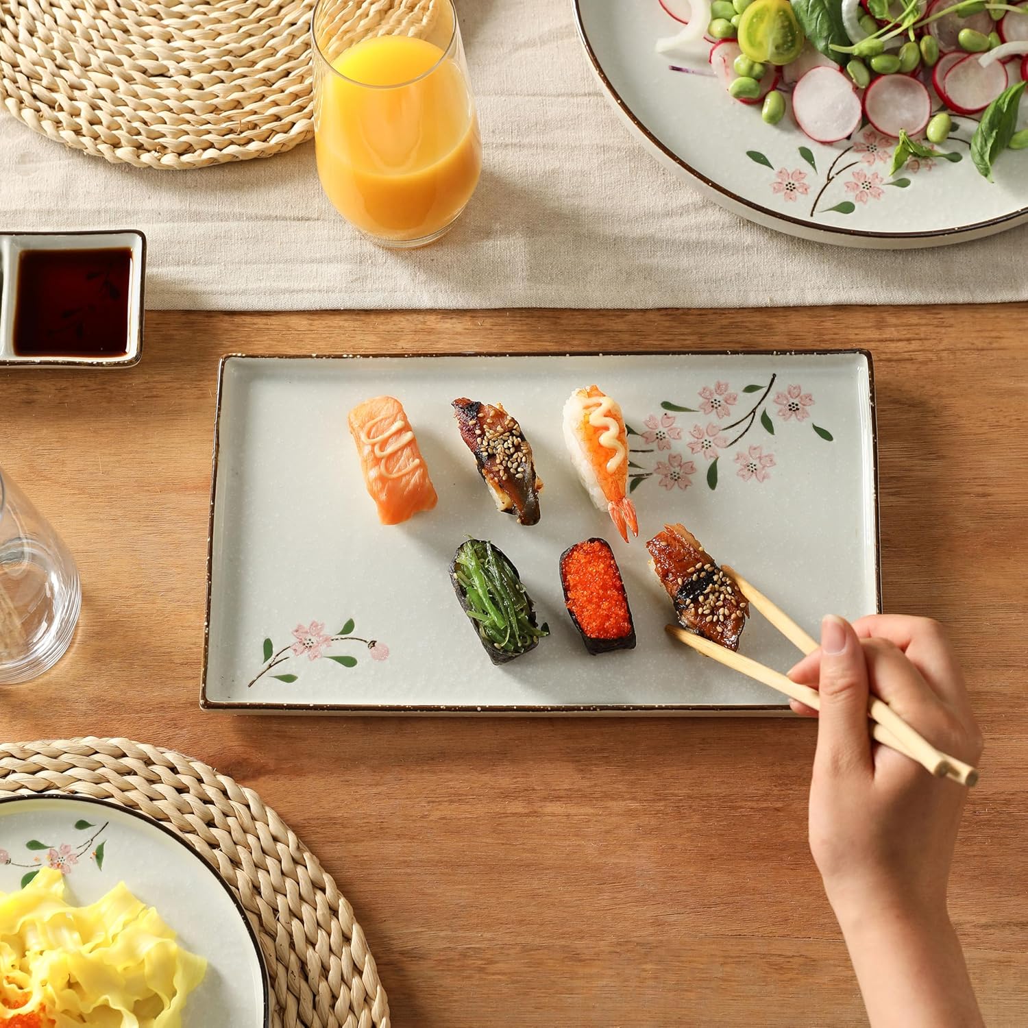12" Ceramic Rectangle Platter - Long Serving Trays for Sushi, Pasta, Chips, Appetizer, Cake - Rectangular Plates - for Party, Restaurant, Banquet (4Pack, Pink Sakura)