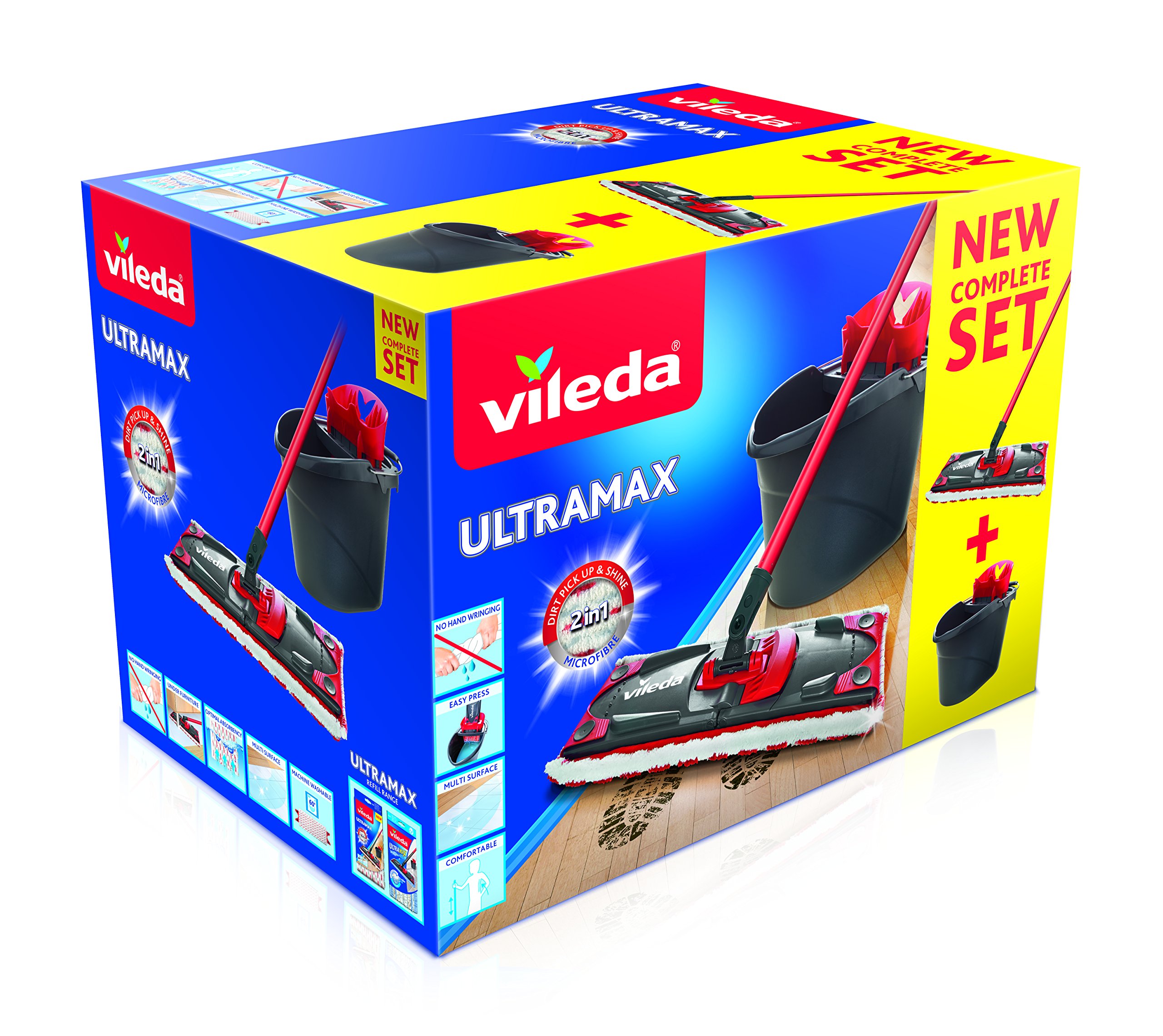Vileda Easy Wring & Clean Turbo Balai avec Seau à pédale, Manche télescopique 85 – 130 cm & Kit Complet Balai et Seau-essoreur Ultramax, Ensemble de balais à Plat avec Seau