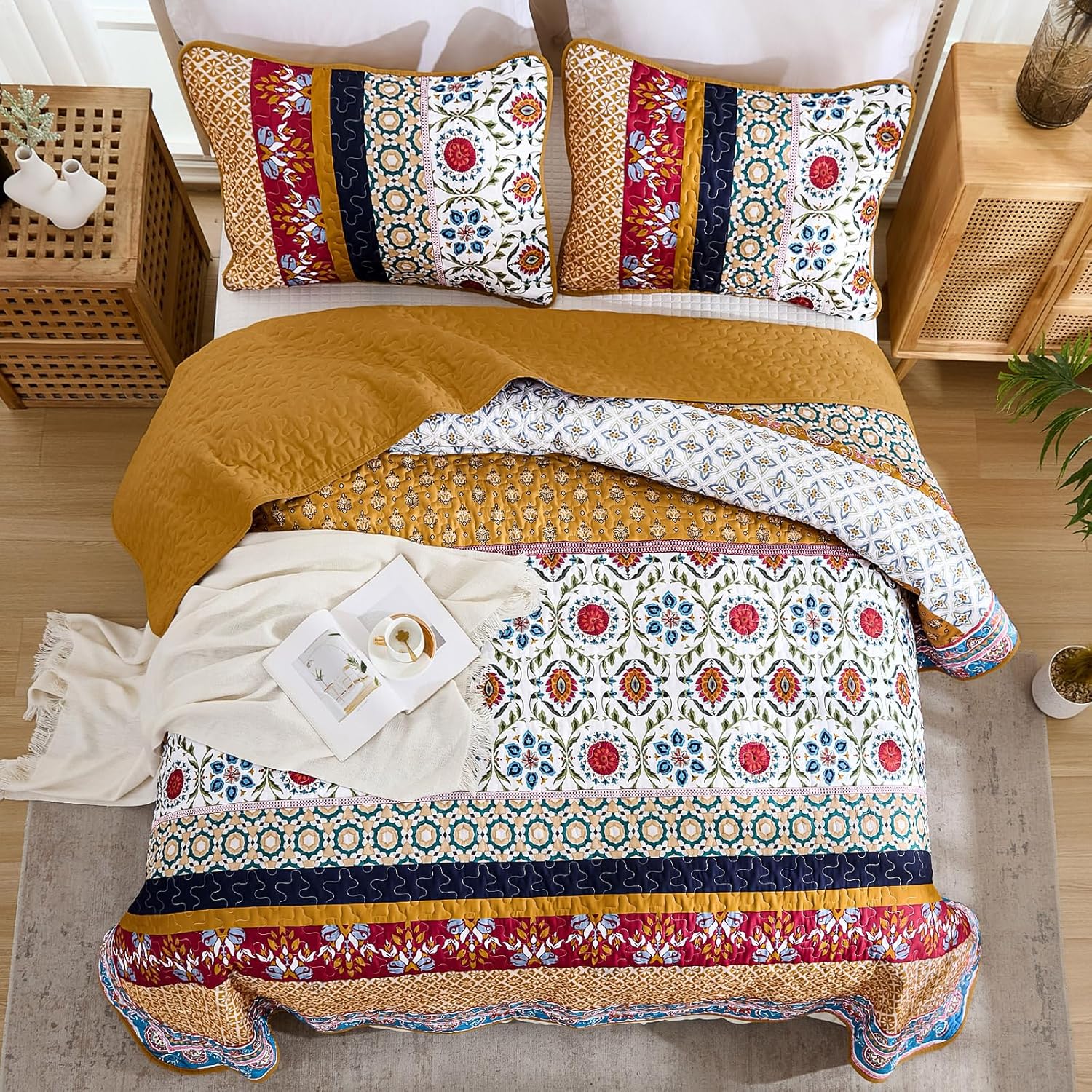 Yiran Boho Quilt Set King Size, Fall Tango Orange Patchwork Bedspreads Bedding Set, Lightweight Bohemia Farmhouse Coverlet Set 110x90 Inch - Image 4