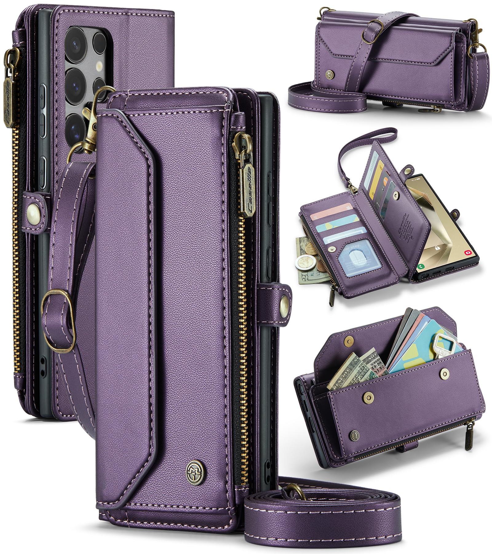 COVO for Samsung S24 Ultra Case with RFID Blocking for Samsung Galaxy S24 Ultra Wallet Case for Women Men, PU Leather Magnetic Flip Strap Zipper Card Holder Phone Case for Galaxy S24 Ultra Purple