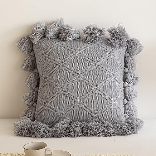 Miniatura 2 de NIDITW Juego de 2 fundas de almohada ultra suaves de punto con textura geométrica bohemia con borlas hechas a mano con borlas hechas a mano, funda