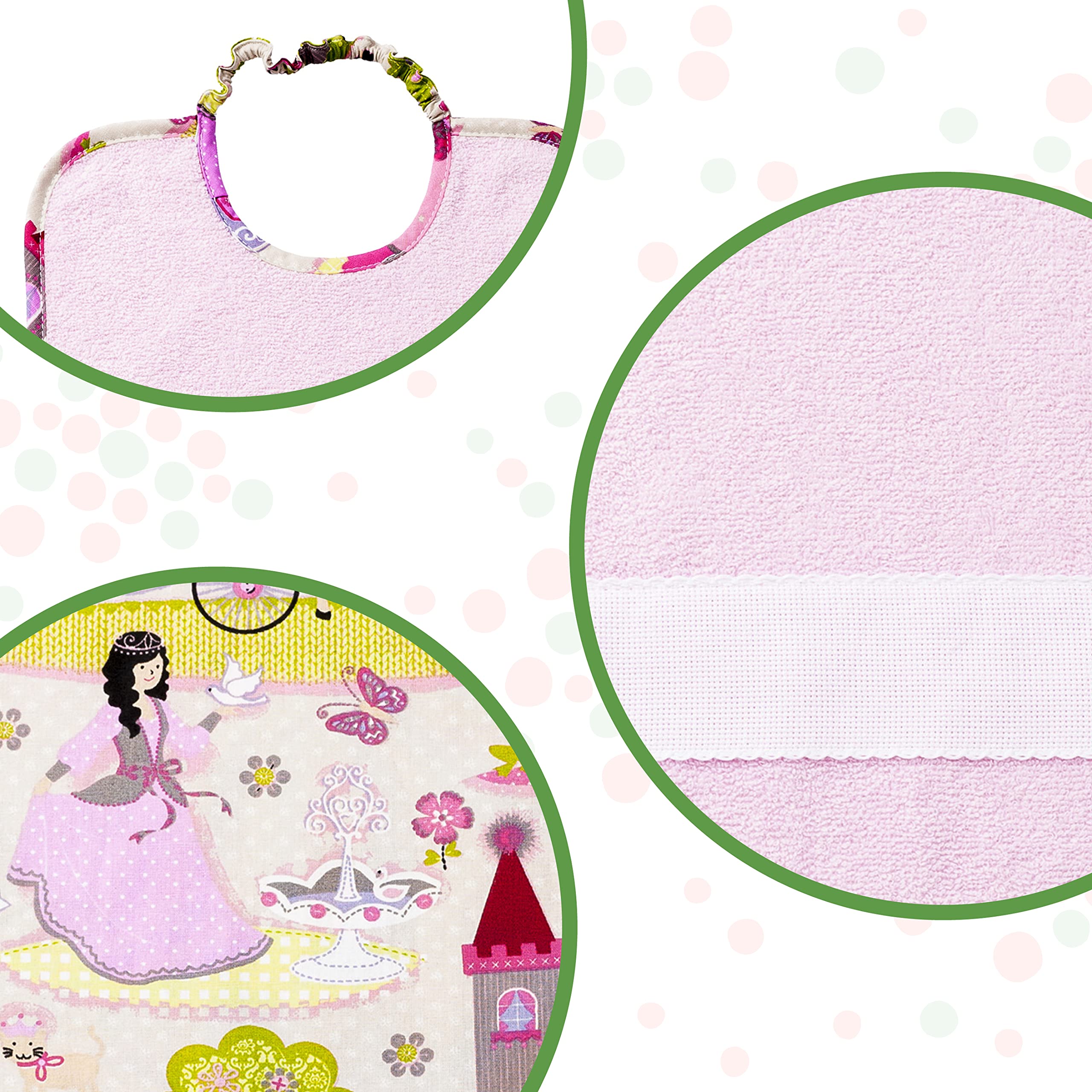 Filet - Set Asilo 3 Pezzi Fantasia Principesse con Tela Aida da Ricamare, Composto da Sacchetto, Asciugamano e Bavaglino in Spugna Colorata Rosa, 100% Cotone, Made in Italy