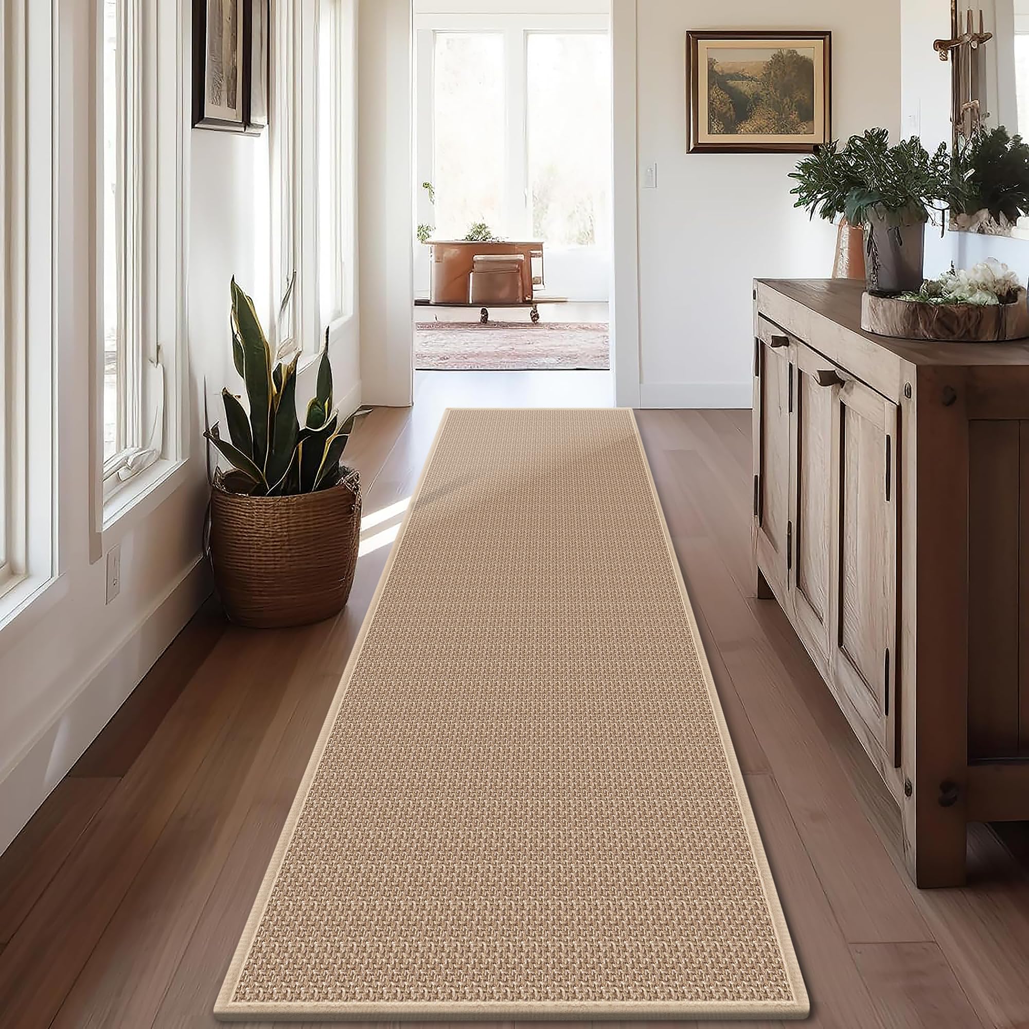 Photo 1 of 10ft Natural Jute Hallway Runner Rug Non Slip Washable, Rubber Backed Long Khaki Indoor Entryway Runner, Absorbent Kitchen Carpet Sink Rug