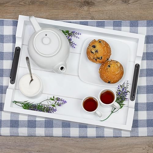 Miniatura 4 de AuldHome - Bandeja de madera rústica bandeja otomana decorativa de madera blanca con asas de metal negras, 16.75 x 12.75 pulgadas