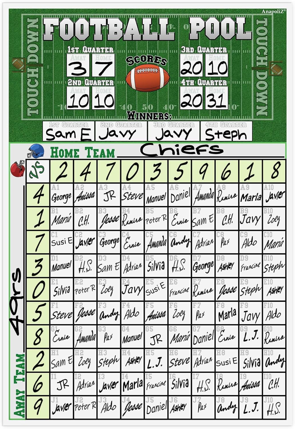 Best Football Pool - Football Squares Pool Board | 13 x 19