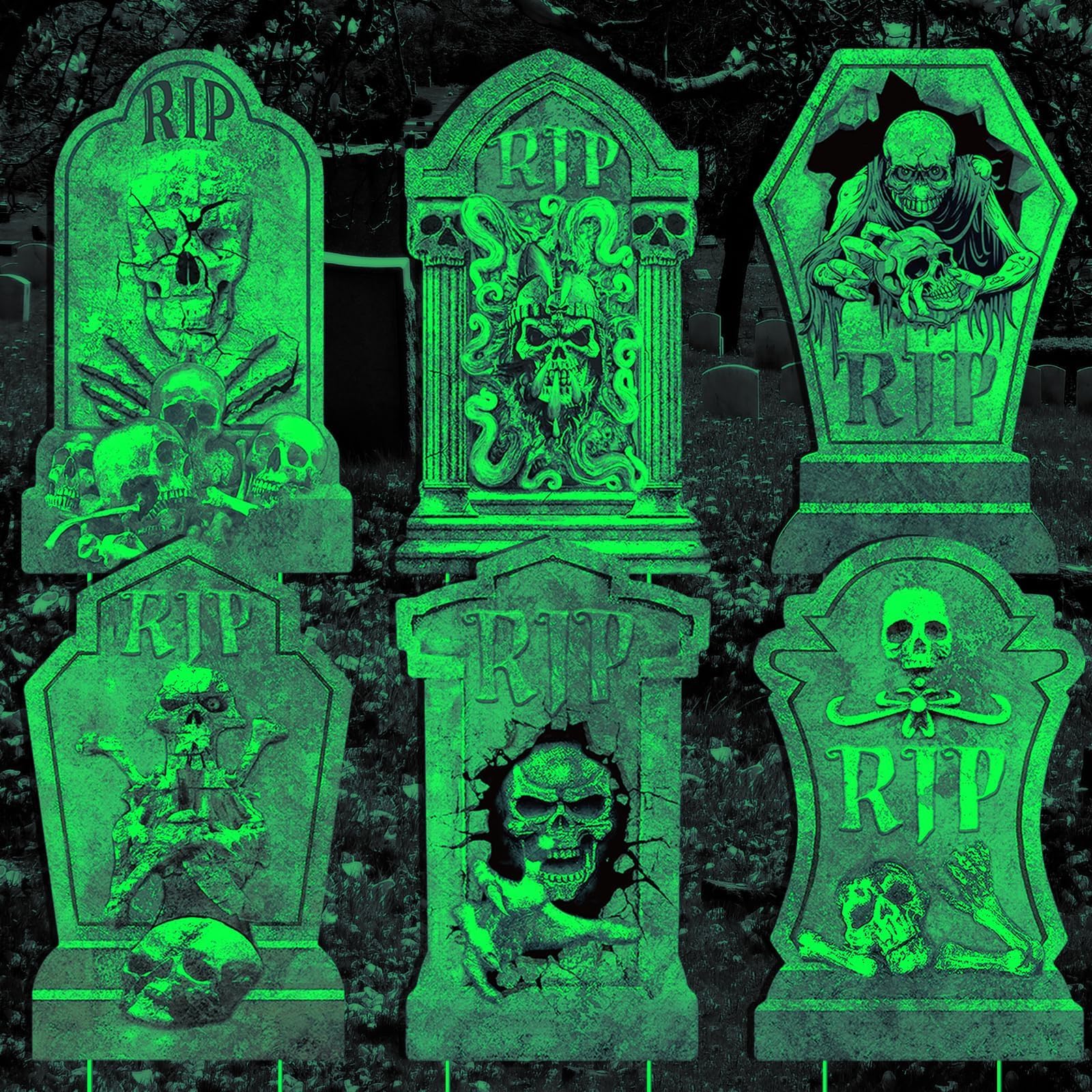 Qylazune Green 6Pcs Halloween Decorations Outdoor Tombstones Glow In The Dark Tombstone Scary Rip Skull Gravestones Spooky Yard And Lawn Garden Props Creepy Skeleton Headstones For Haunted Party Luminous Desig Adds
