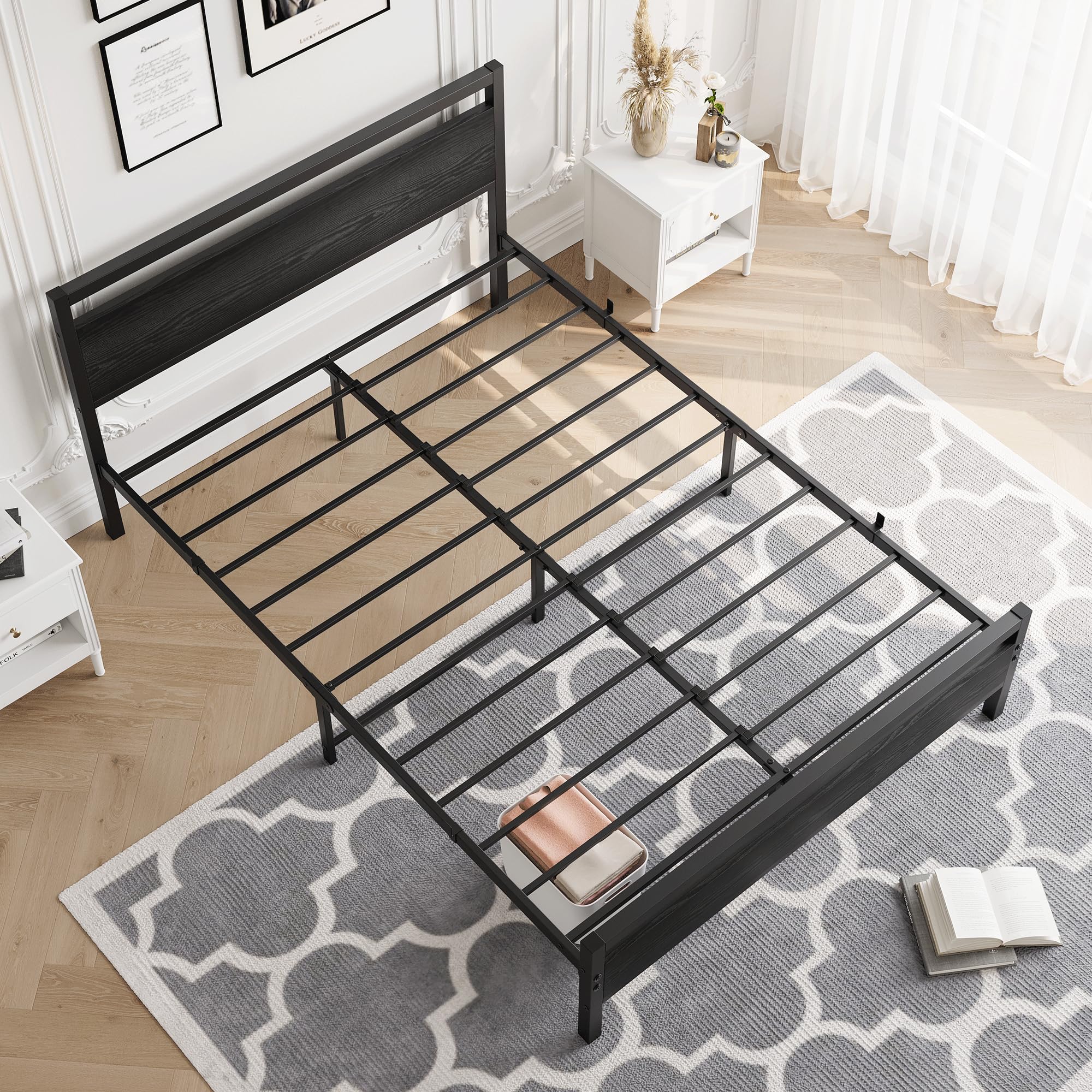 HOJINLINERO Telaio letto in metallo legno, struttura letto in metallo, 120 x 200 cm, con rete a doghe, letto matrimoniale per ragazzi con spazio di archiviazione, colore nero