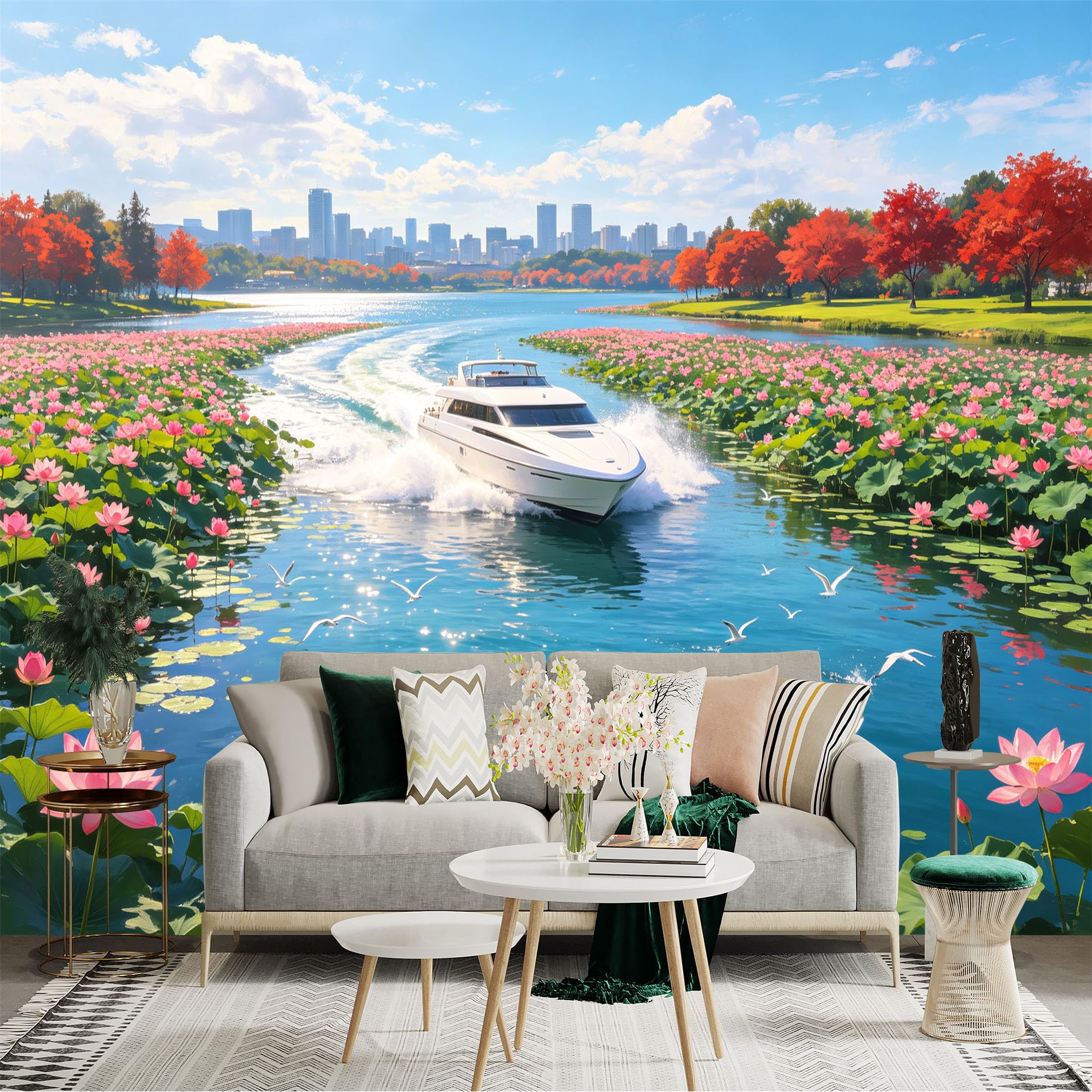 Custom Size Wall Sticker Mural， Modern Yacht Sailing on River， Pink Lotus Flowers and Flying Gulls， Cityscape Skyline， for wall Decoration， peelandstick wall Decals.