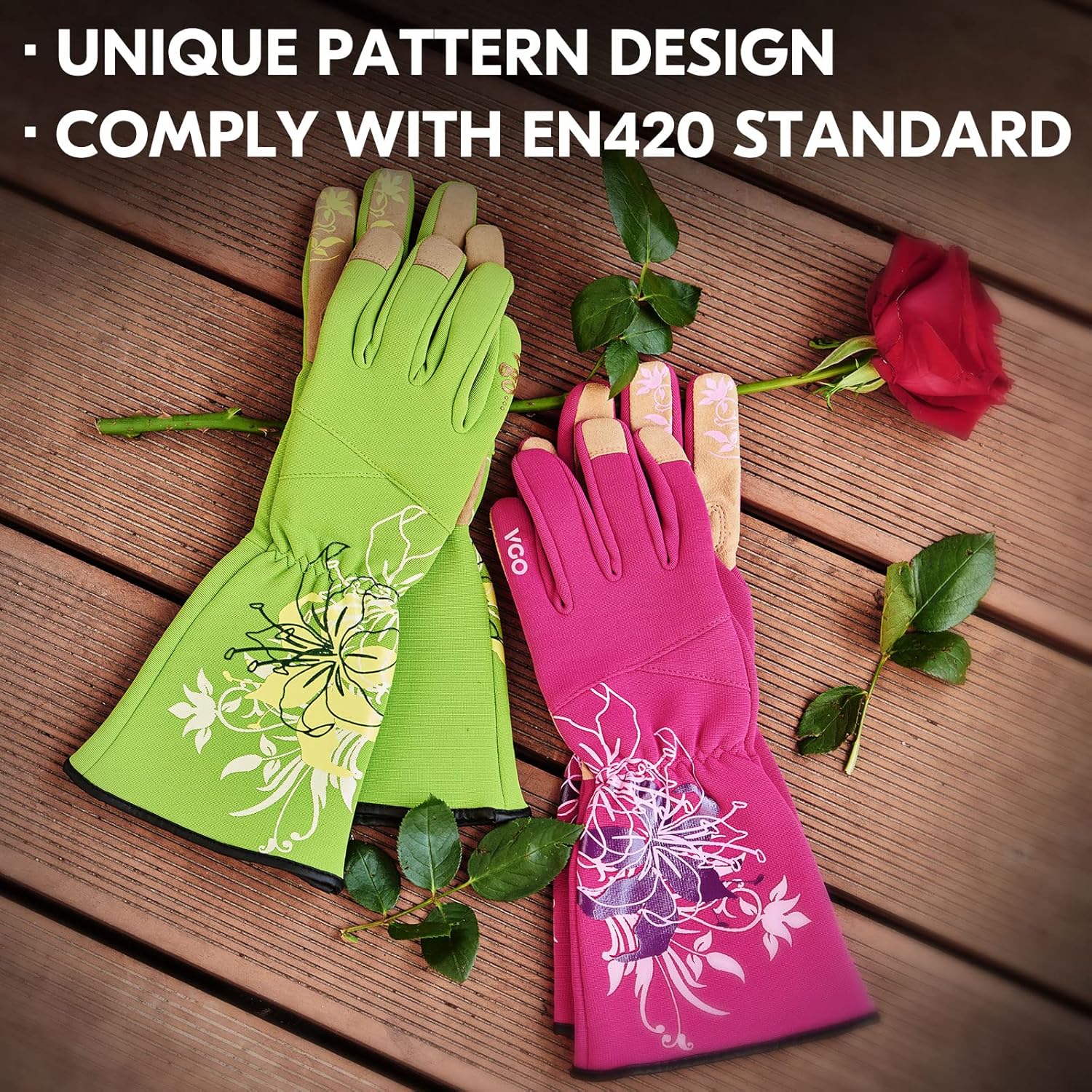 Vgo... 1-Pair Ladies' Synthetic Leather Gardening Gloves, Long Sleeves Gauntlet, Breathable & Grip Work Gloves, High Dexterity, Washable (Size S, Red, SL7445)
