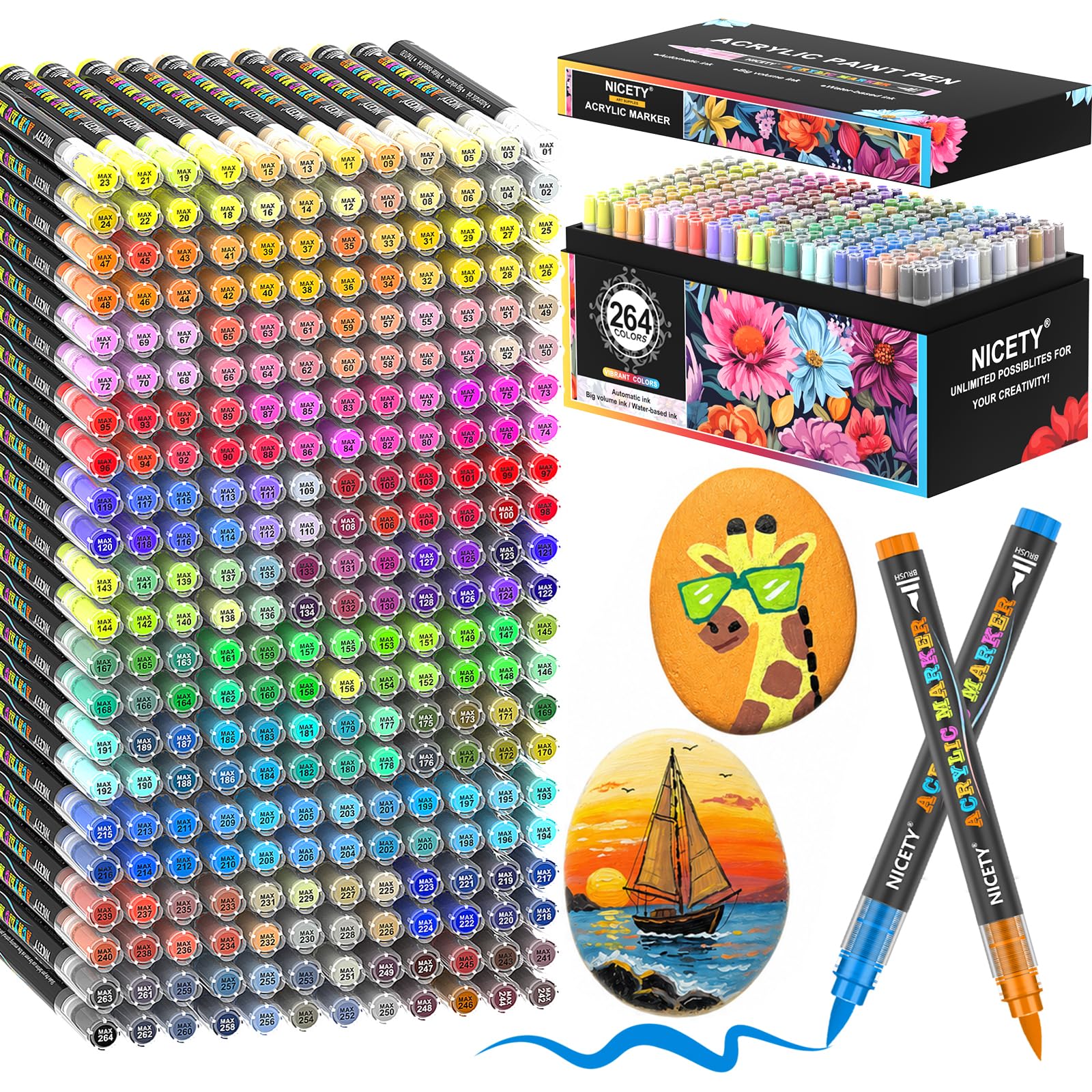 NICETY 264 Feutres Acryliques à Pointe Pinceau - Marqueurs Peinture à l'Eau Multi-Supports pour Pierre, Bois, Céramique, Verre - Pointe Flexible 1-6mm pour Artistes, Débutants et Adultes