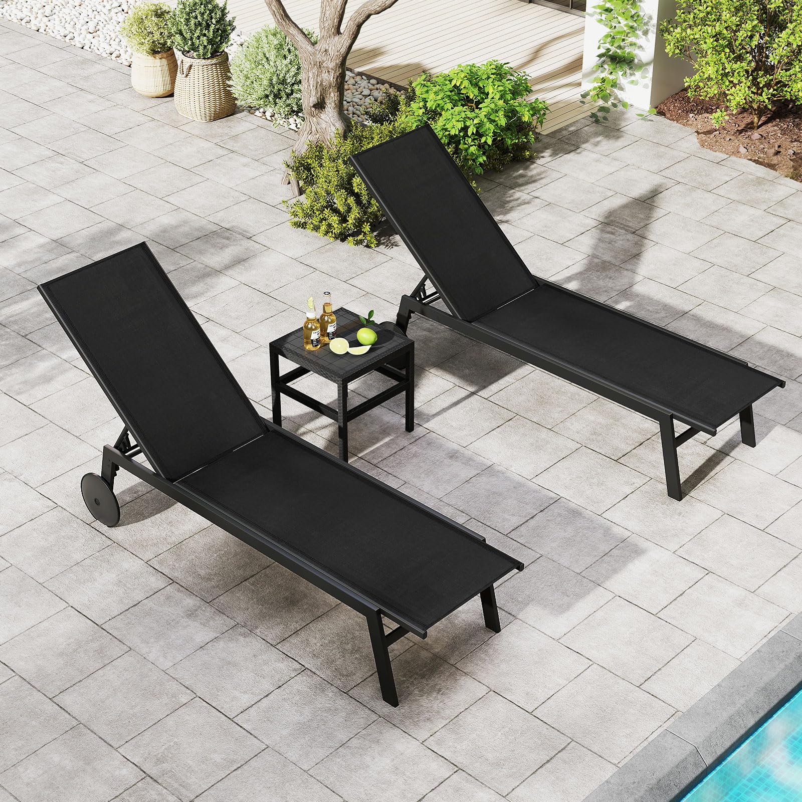 COSTWAY Lettino Prendisole da Giardino, Sdraio da Patio con Schienale Regolabile a 6 Posizioni, Tessuto Traspirante, 2 Ruote, per Piscina, Terrazza e Giardino, Portata 150 kg (Nero,1)