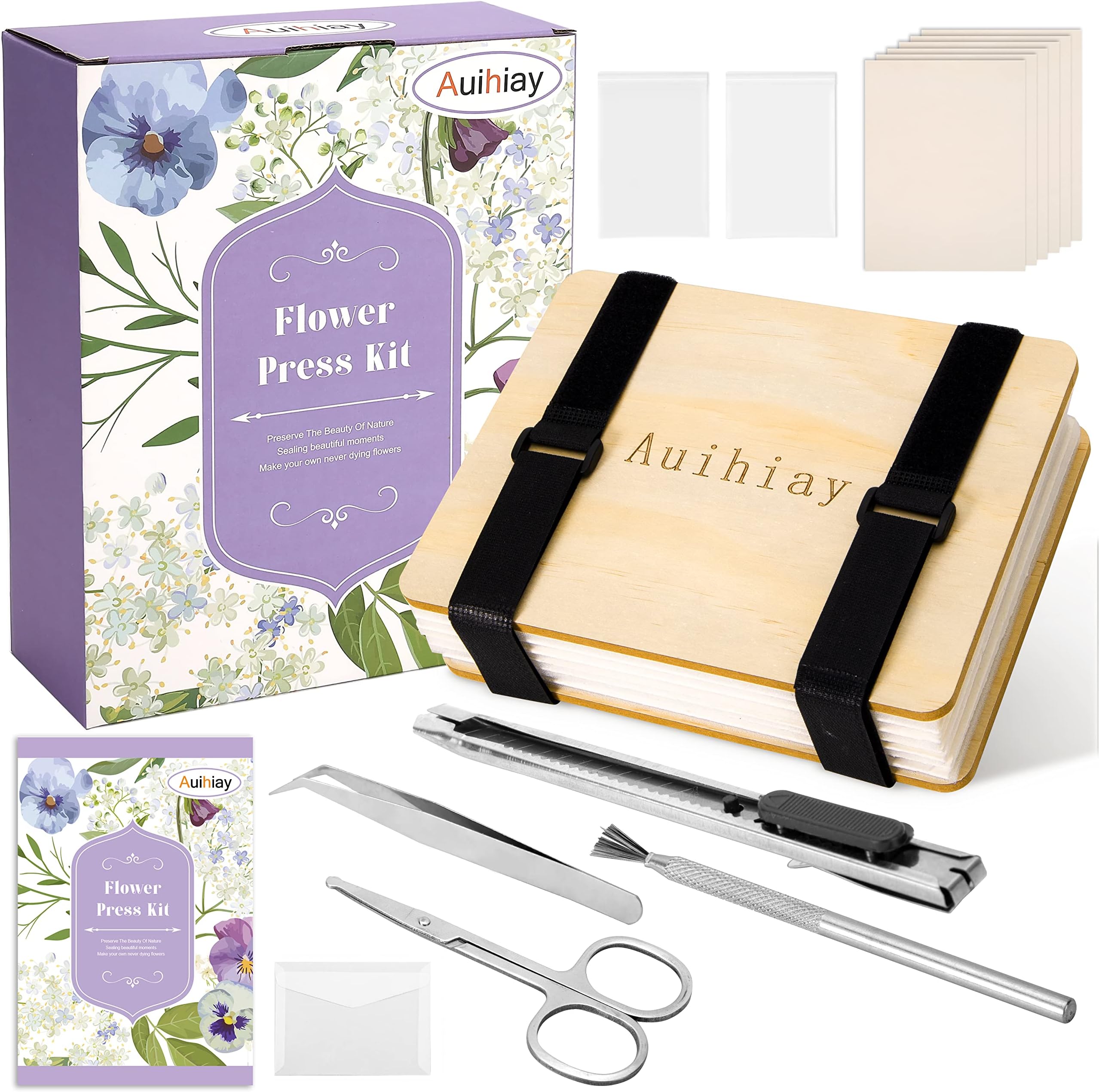 Auihiay Flower Press Kit, 6 Layers 6.3 x 8.3 Inches - DIY Dried Flowers Crafts Kit Including Instructions for Adults & Kids