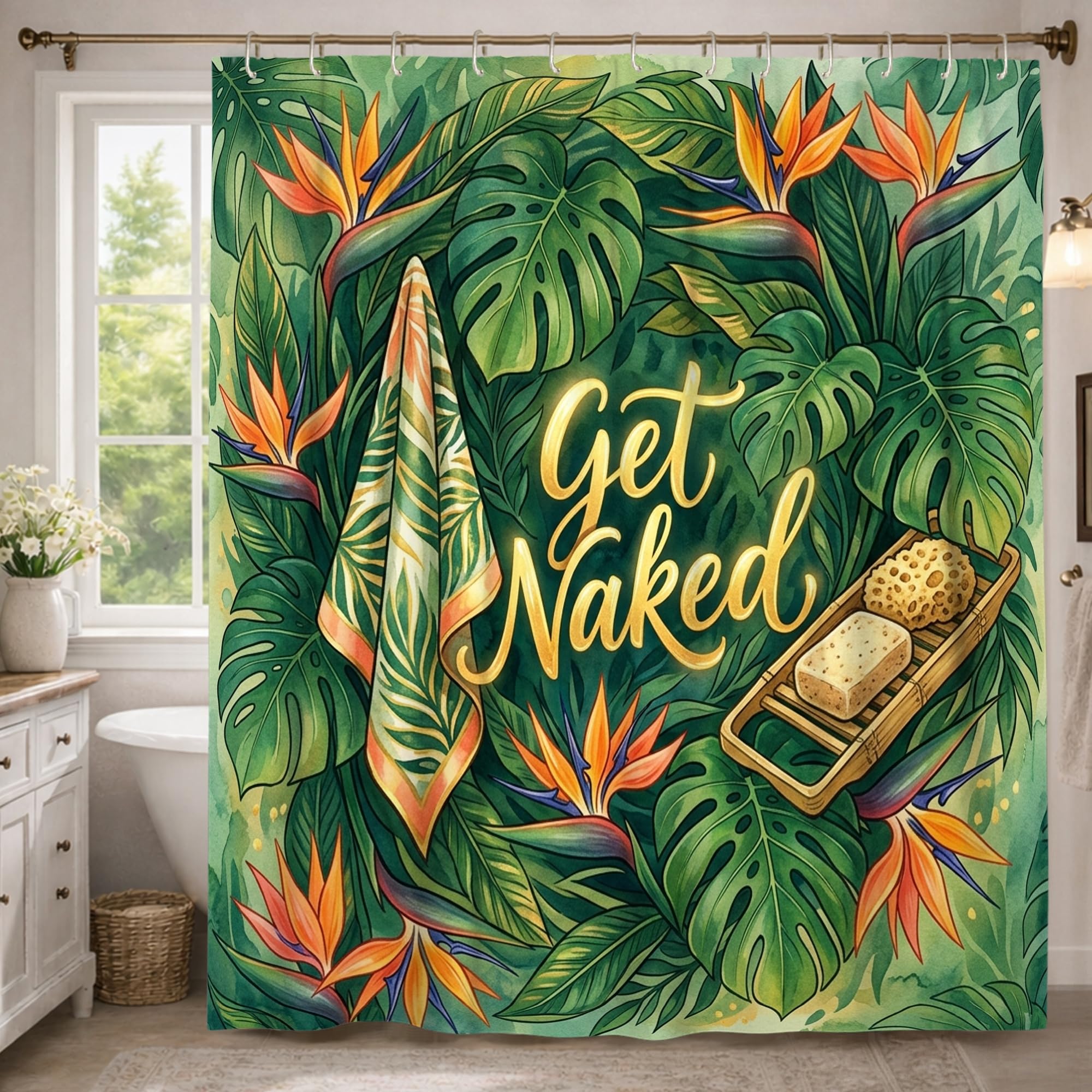 Rideau de douche tropical vert en polyester imperméable avec son porte-savon assorti