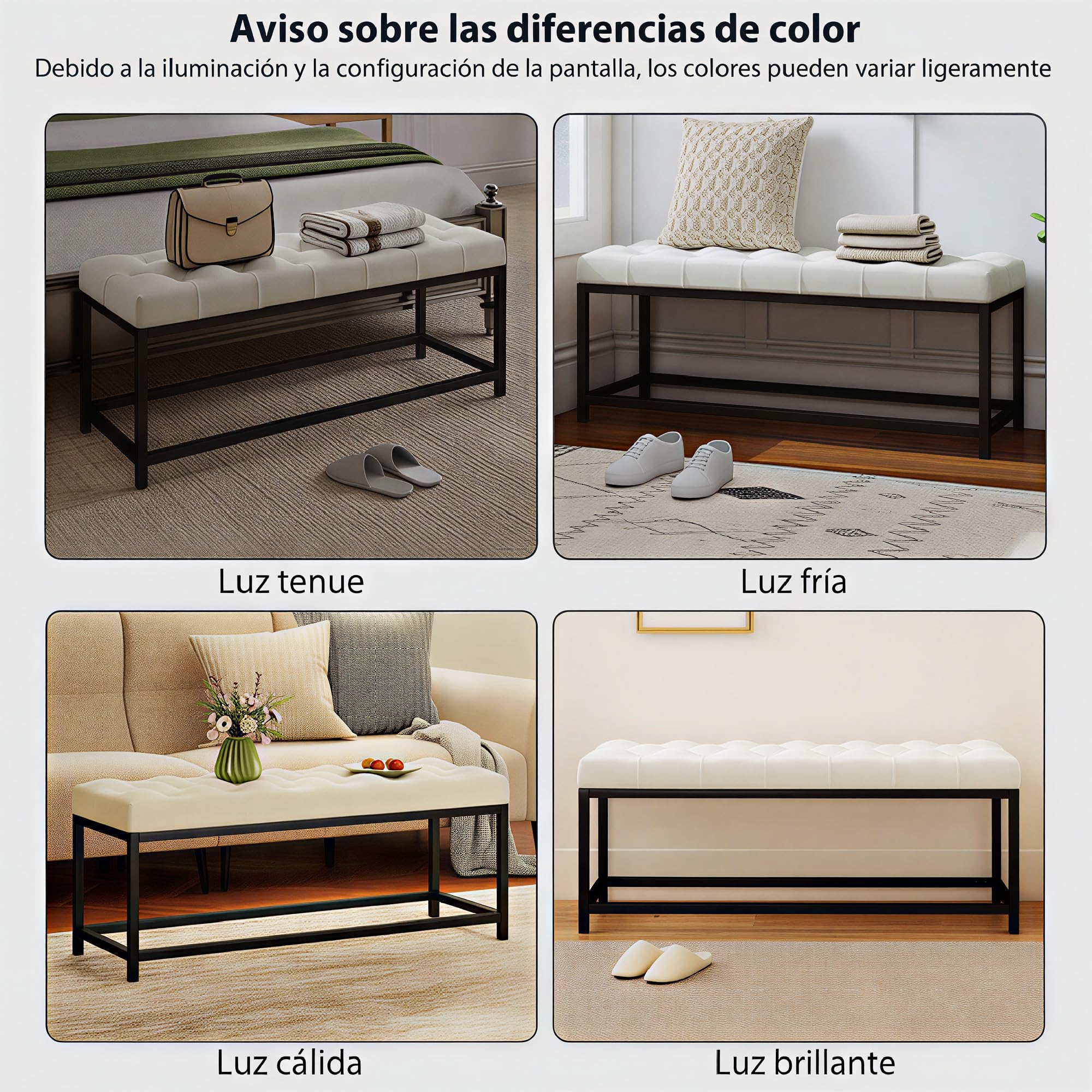 HOMCOM Banco Pie de Cama, Tapizado en Terciopelo, Banqueta para Dormitorio, Diseño Capitoné, Base de Metal, Banco para Dormitorio, Entrada, Salón, Recibidor, Crema