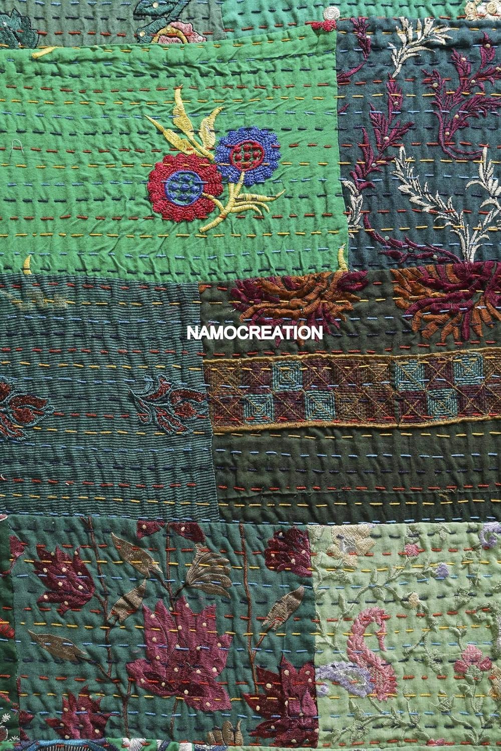 Embroidery Assorted Patchwork Kantha Quilt Reversible Patchwork Kantha Bedspread Bed Cover Decor Throw Blanket California King/Queen/Twin (60X90 Inches) Green