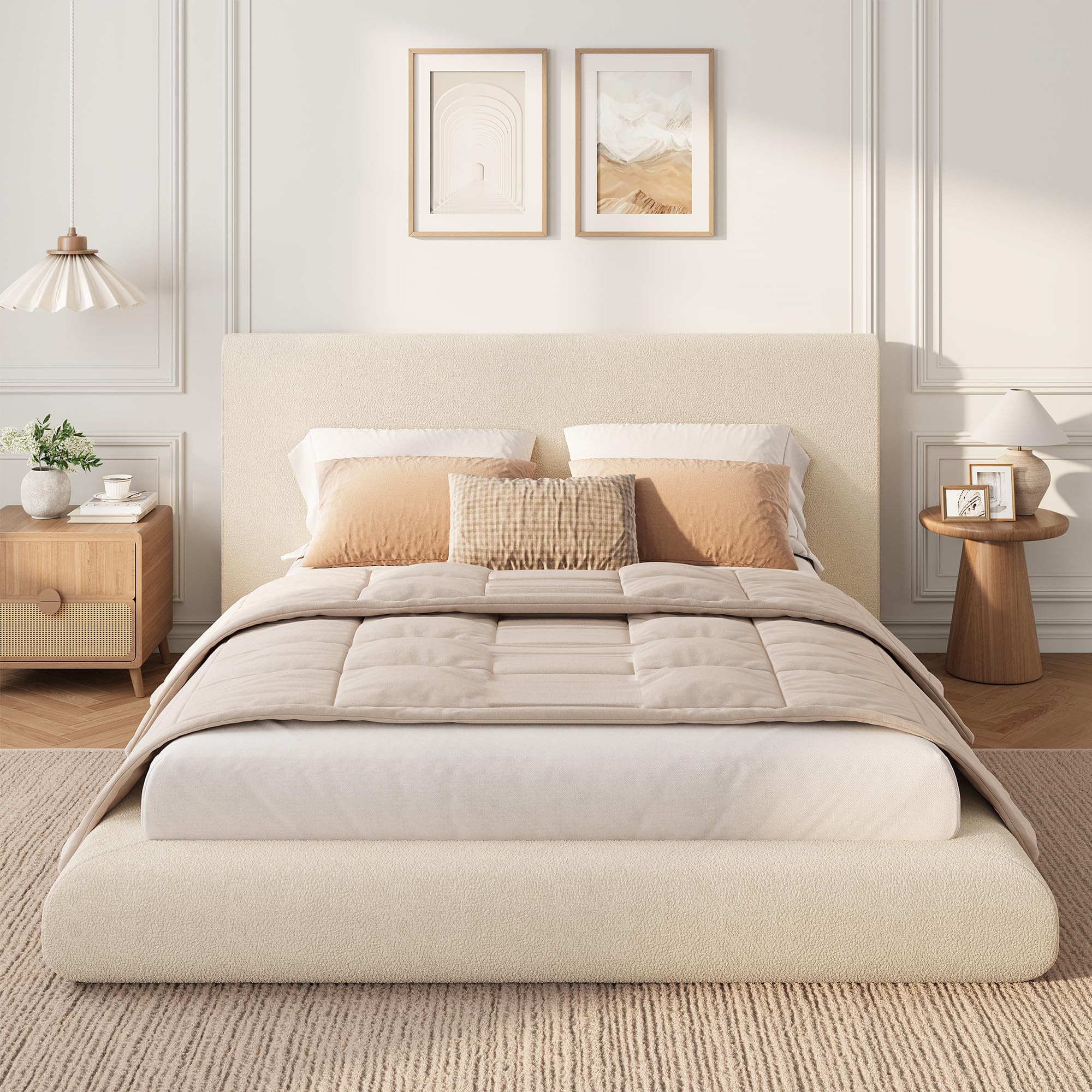 garvee king size bed frame with upholstered headboard, modern cloud platform bed king, no box spring needed, easy assembly, soft plush fabric, white