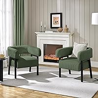 Yaheetech Corduroy Barrel Accent Chair Set of 2 with Pocket Coils & Solid Wood Legs - Dark Green Upholstered Armchairs for Living Room