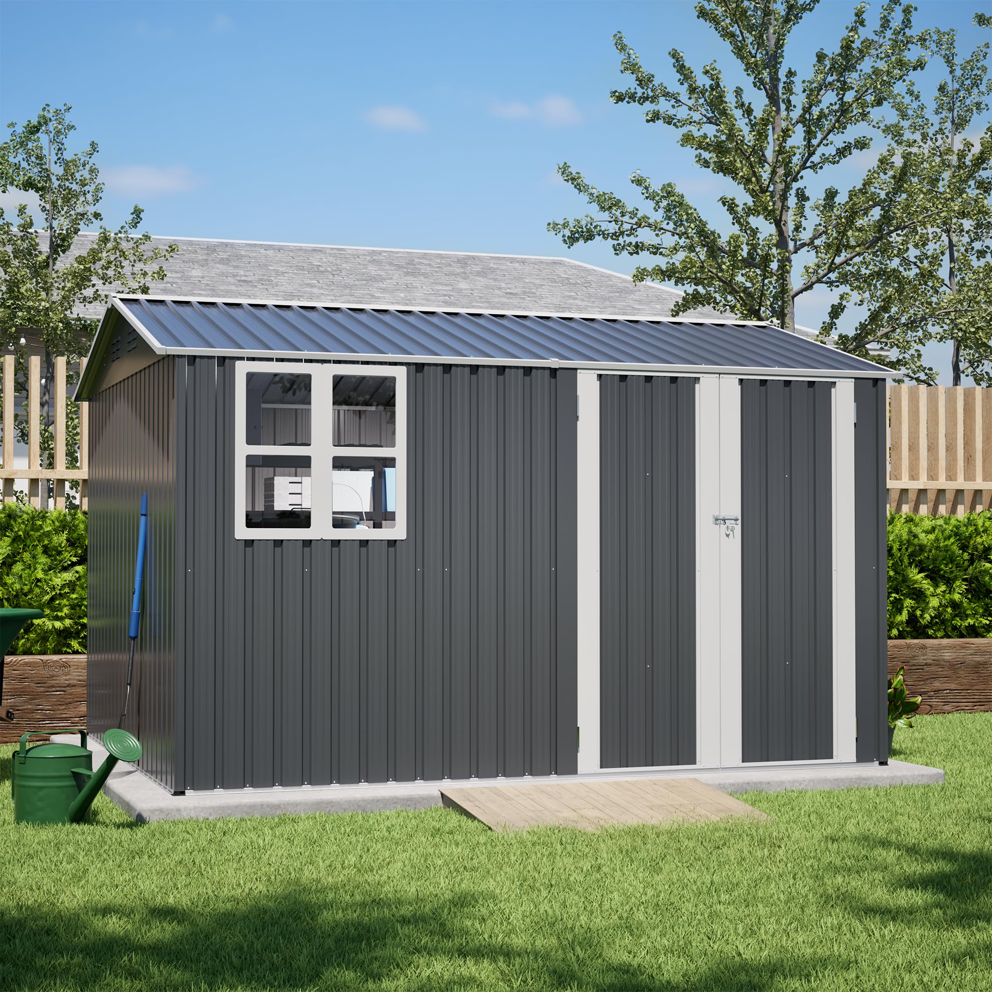 Photo 1 of KEIKI Storage Shed 10x8 FT, Large Metal Tool Shed for Outdoor Storage, Galvanized Steel Garden Shed with Lockable Doors for Patio, Backyard, Lawn, Grey