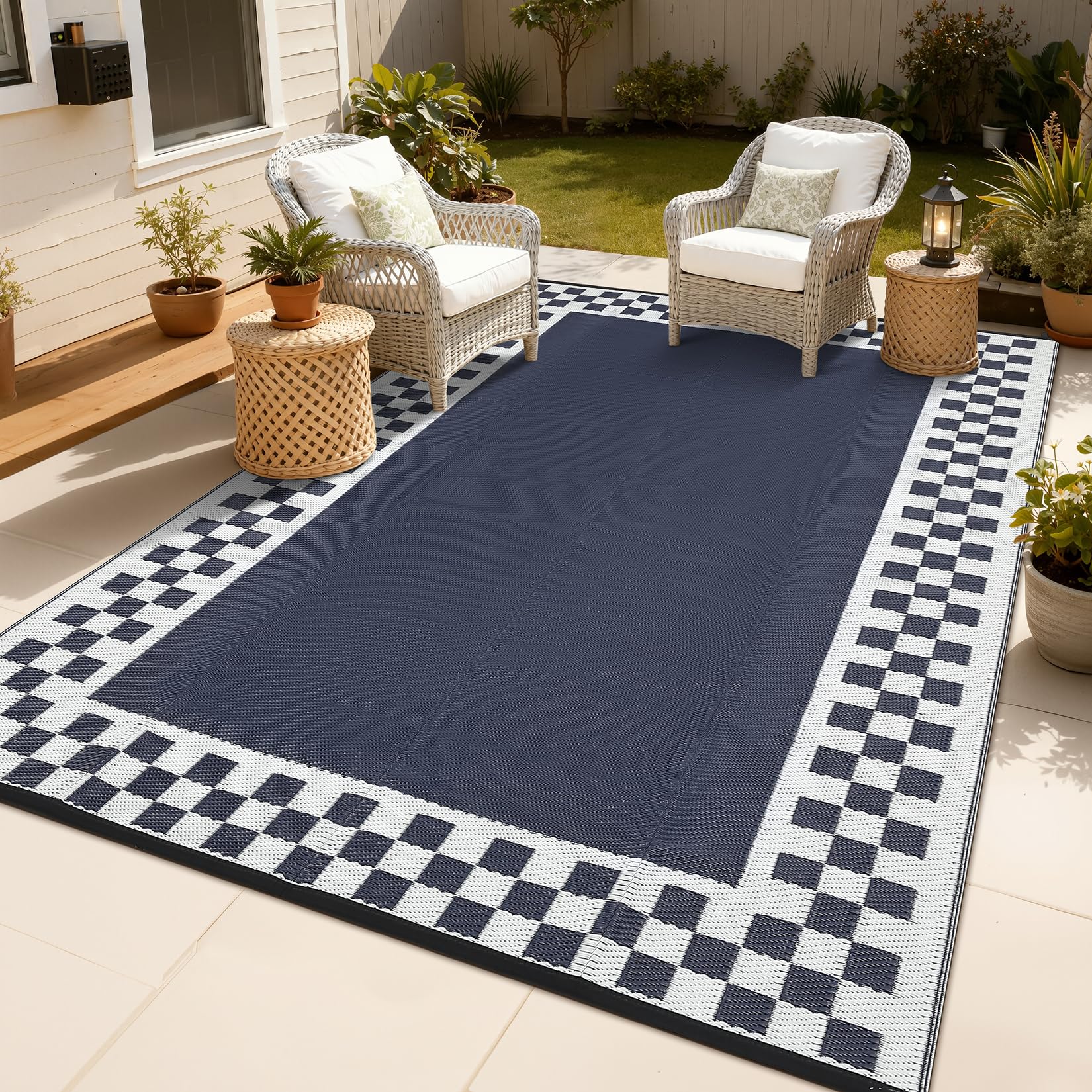 CAROMIO Waterproof Outdoor Rug 270 x 360 cm Large Plastic Straw Patio Camping Rug Bordered Indoor Outdoor Reversible Outside Carpet Easy Cleaning for Deck, Porch, Backyard, Picnic, Blue/White